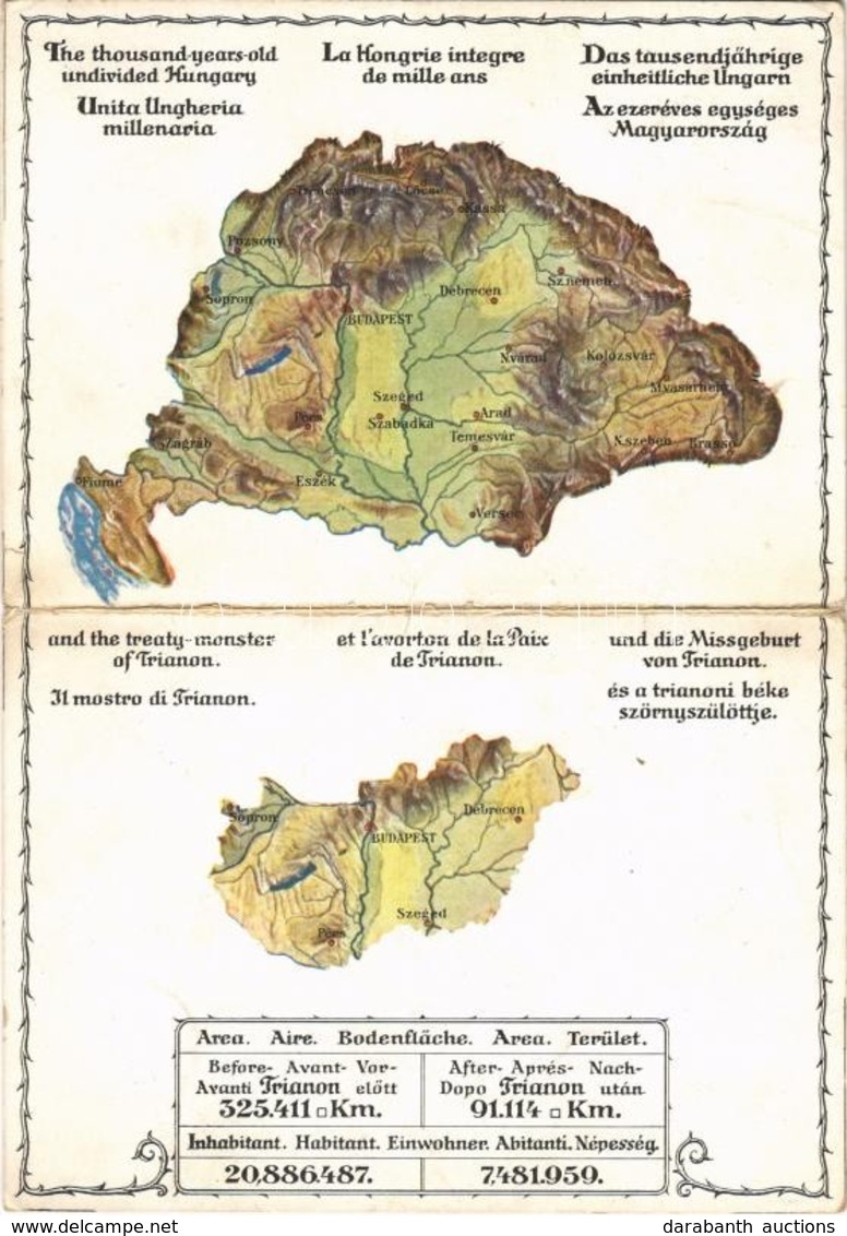 ** T3 Az Ezeréves Egységes Magyarország és A Trianoni Béke Szörnyszülöttje: Trianon Előtt és Után; Kihajtható Képeslap.  - Unclassified