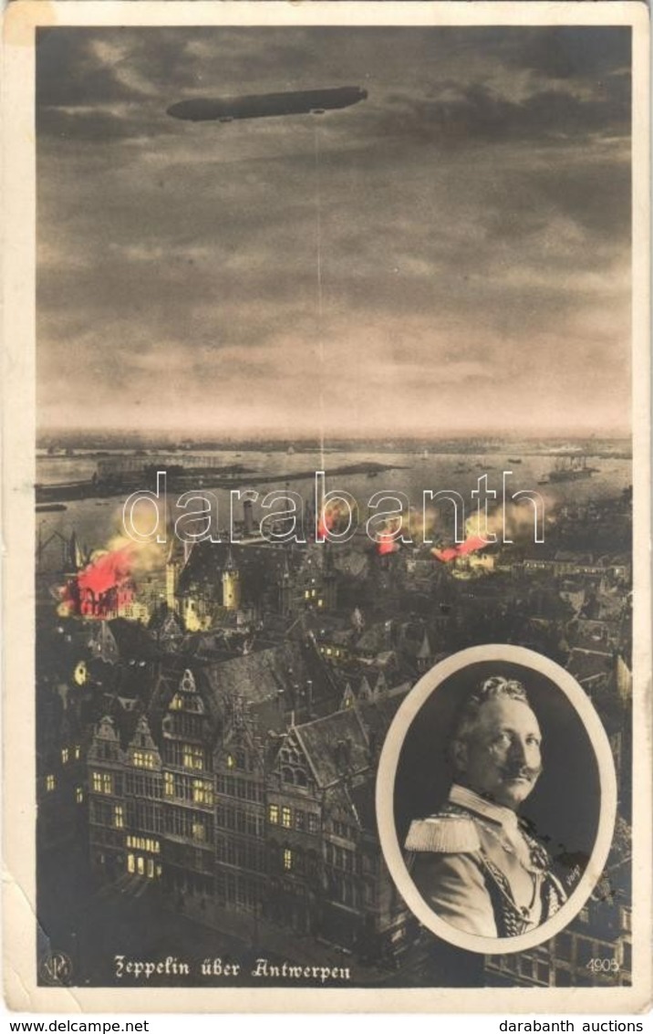 ** T2/T3 Zeppelin über Antwerpen, Kaiser Wilhelm II. / WWI, Zeppelin Airship Over Antwerp, Emperor Wilhem II (EK) - Ohne Zuordnung