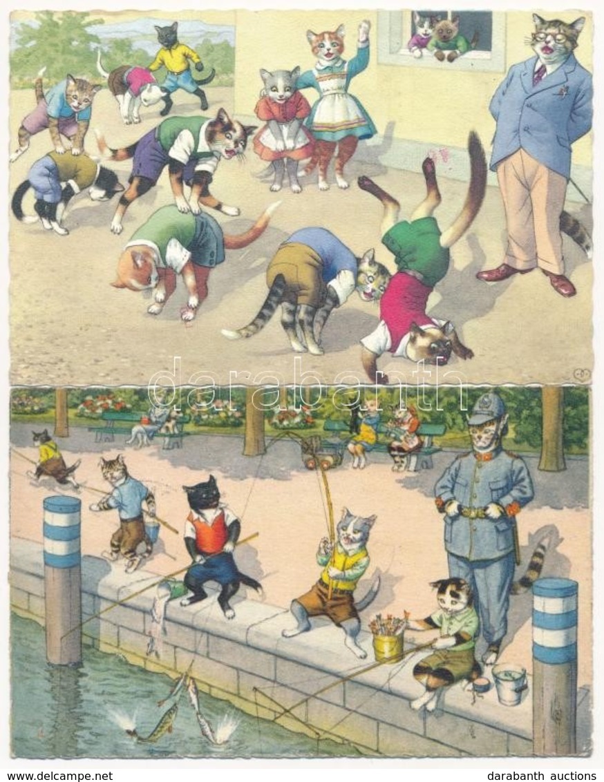 2 Db MODERN Macska Motívumlap, Alfred Mainzer 4878. és Max Künzli No. 4742. / 2 Modern Cat Motive Art Postcards - Unclassified