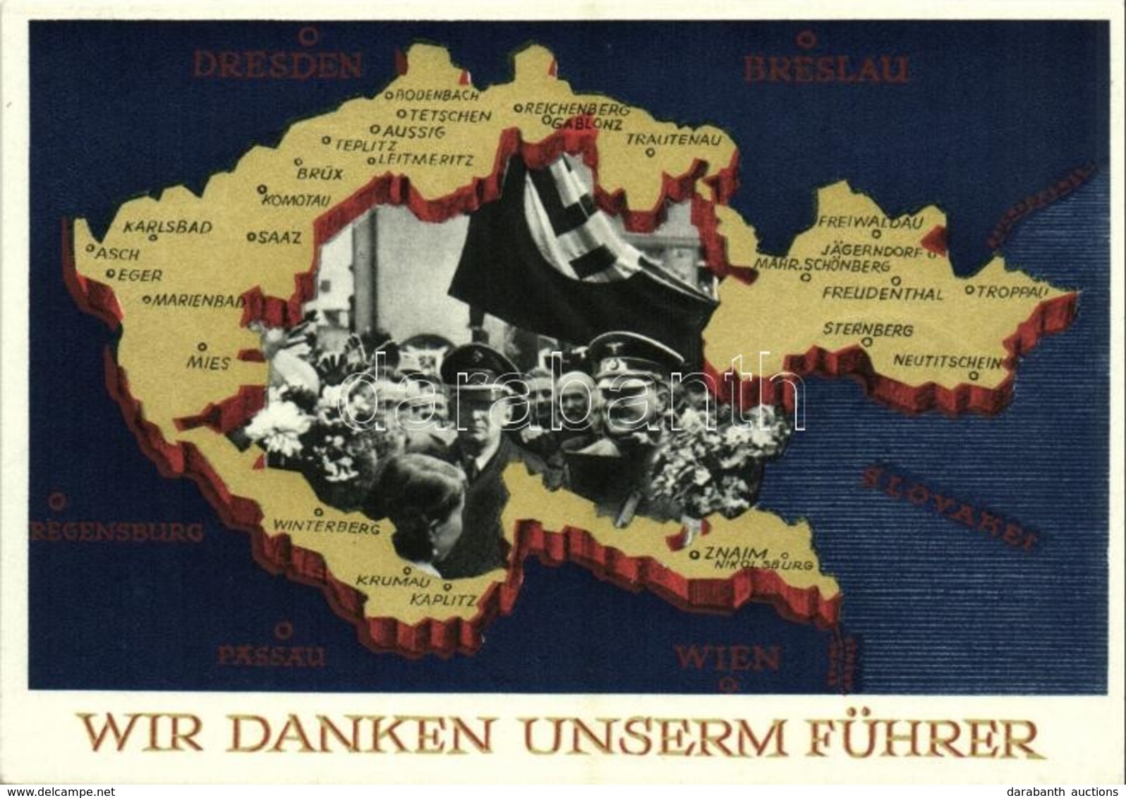 T2 Wir Danken Unserm Führer / NSDAP German Nazi Party Propaganda, Adolf Hitler, Konrad Henlein, Map Of The Czech Republi - Non Classés