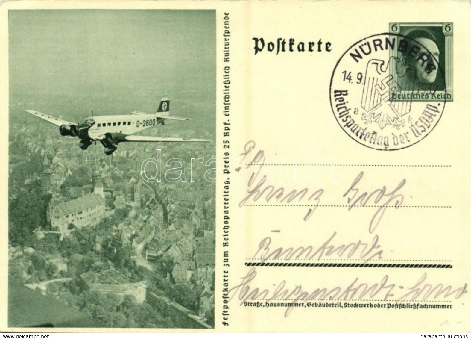 T2 Festpostkarte Zum Reichsparteitag / NSDAP German Nazi Party Propaganda, Junkers Ju-52 (D-2600) Hitler's First Persona - Unclassified
