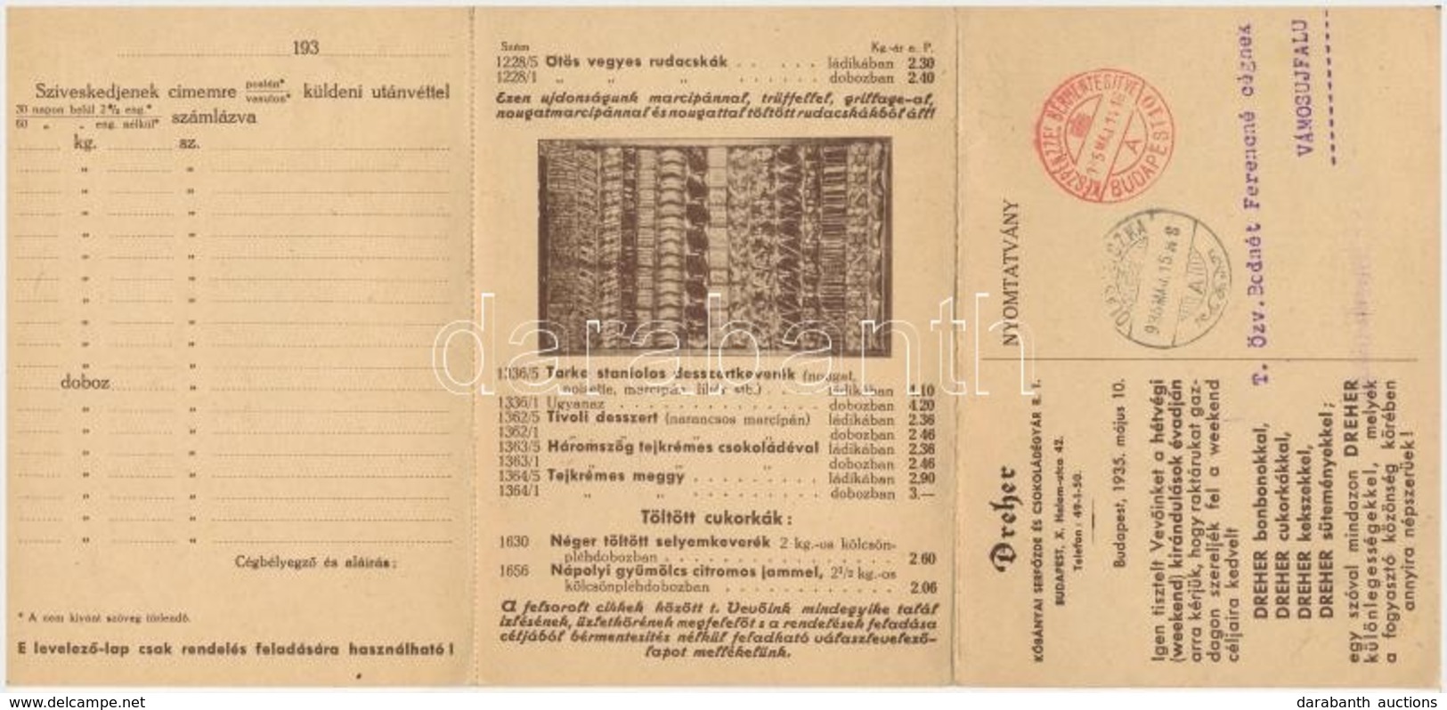 * T2/T3 1935 Dreher Kőbányai Serfőzde és Csokoládégyár Rt. 3-részes Kihajtható Reklámlapja. Belül Megrendelőlappal / Hun - Non Classés