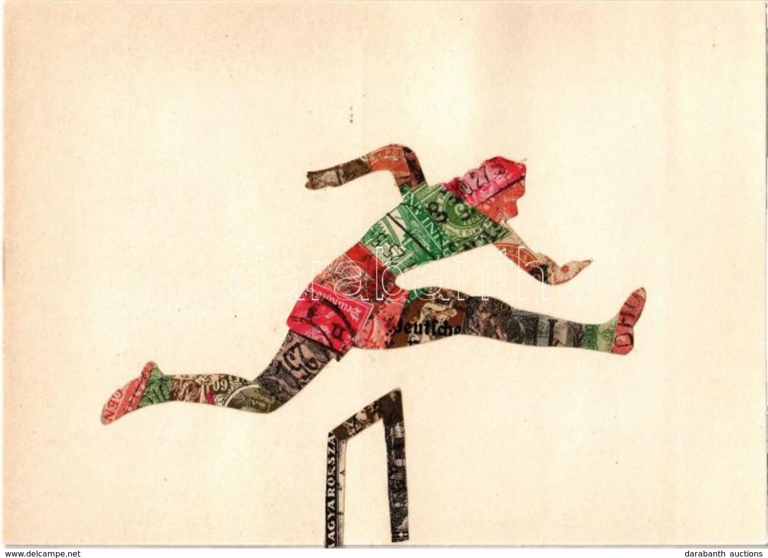 ** T1/T2 Gátfutó. Bélyegekből Kivágott és összeragasztott Képeslap. Budai Nyomda / Hurdler. Made Out Of Stamps - Non Classés