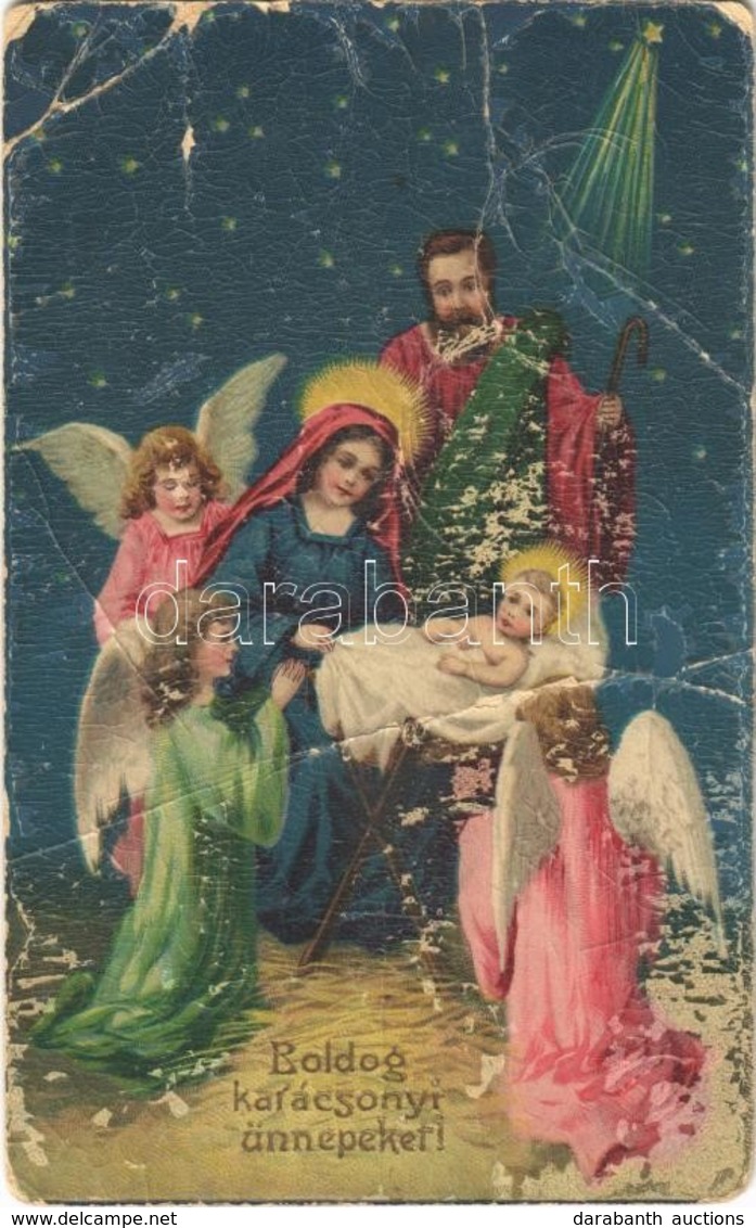 T4 1910 'Boldog Karácsonyi ünnepeket!', üdvözlőlap / Baby Jesus In The Manger, Virgin Mary, St. Joseph, Angels, Christma - Non Classés