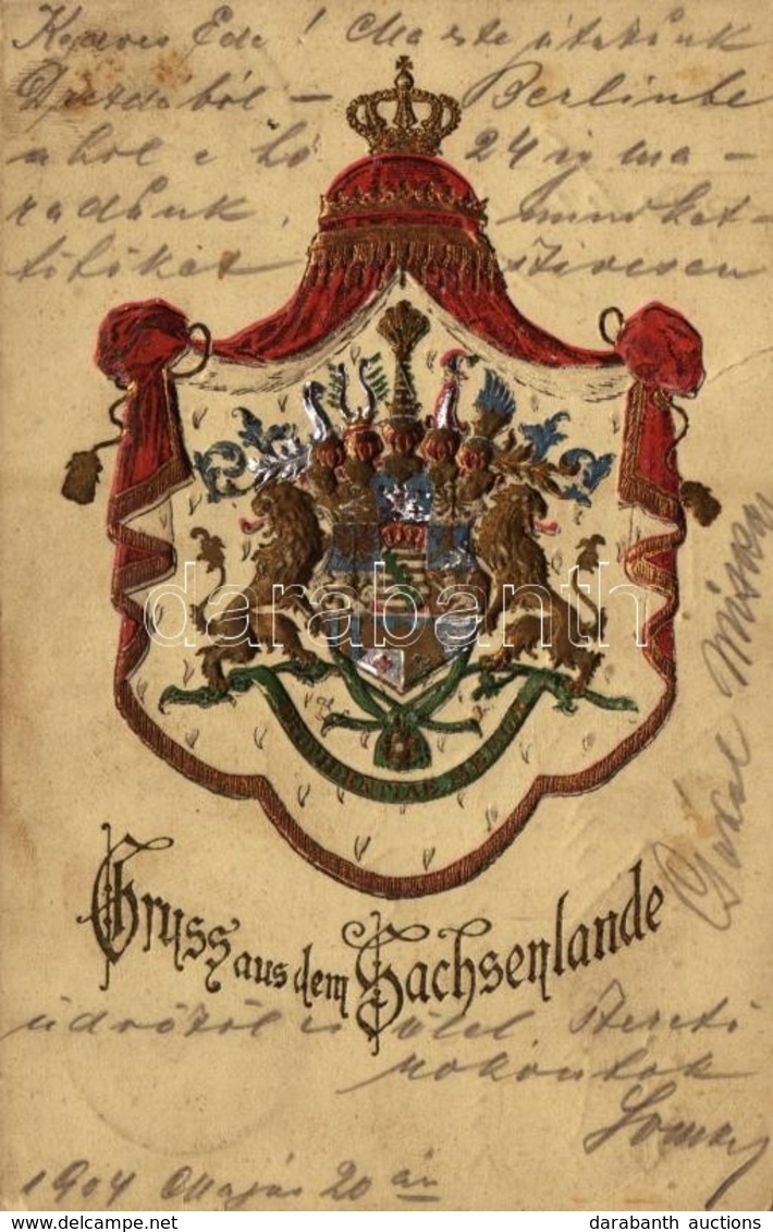 T2/T3 1904 Gruss Aus Dem Sachsenlande / Coat Of Arms Of The Kingdom Of Saxony 1806-1918, Emb. Litho (crease) - Non Classés