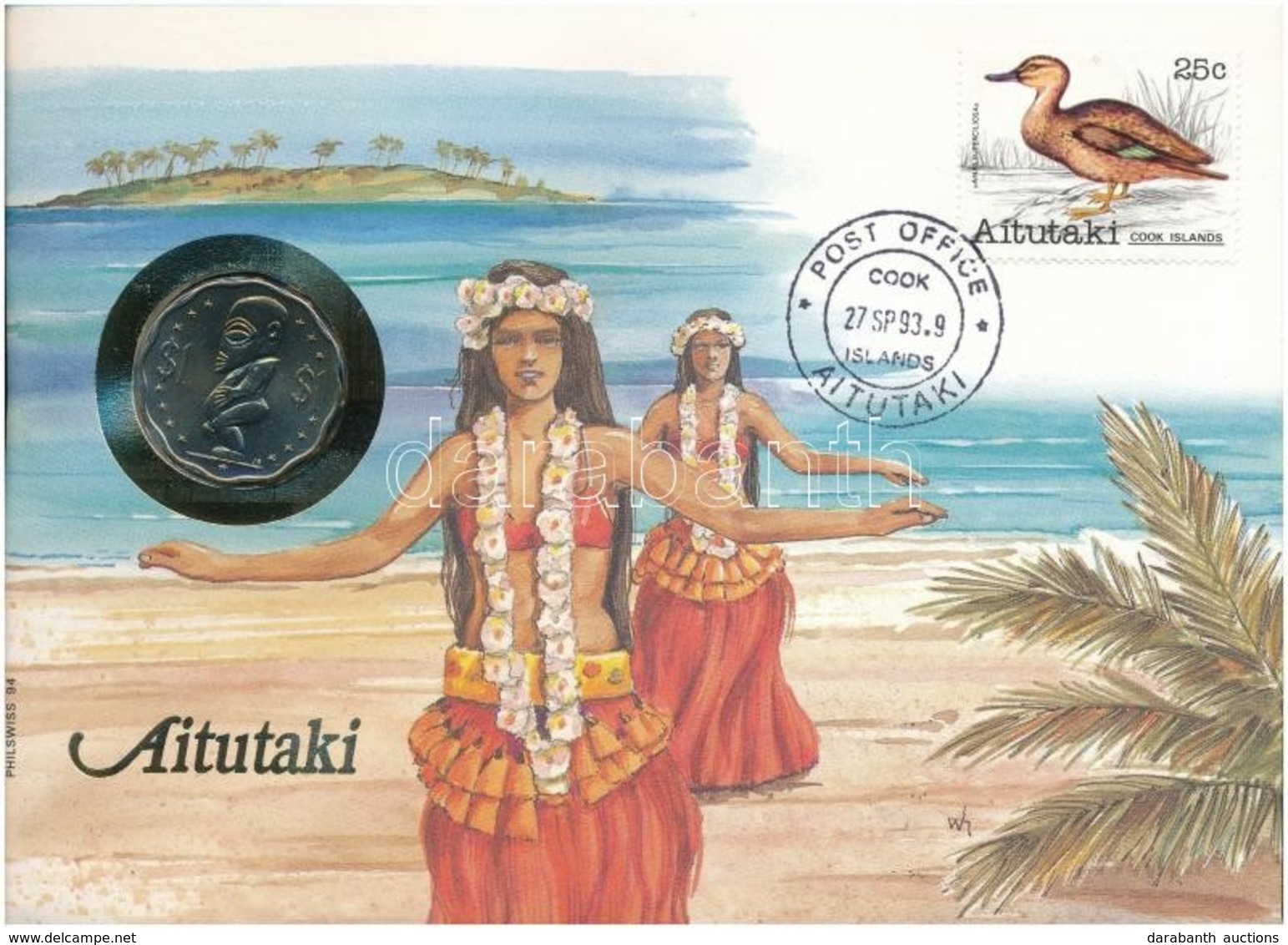 Cook-szigetek / Aitutaki 1992. 1$ Felbélyegzett Borítékban, Bélyegzéssel, Német Nyelvű Leírással T:1 
Cook Islands / Ait - Unclassified