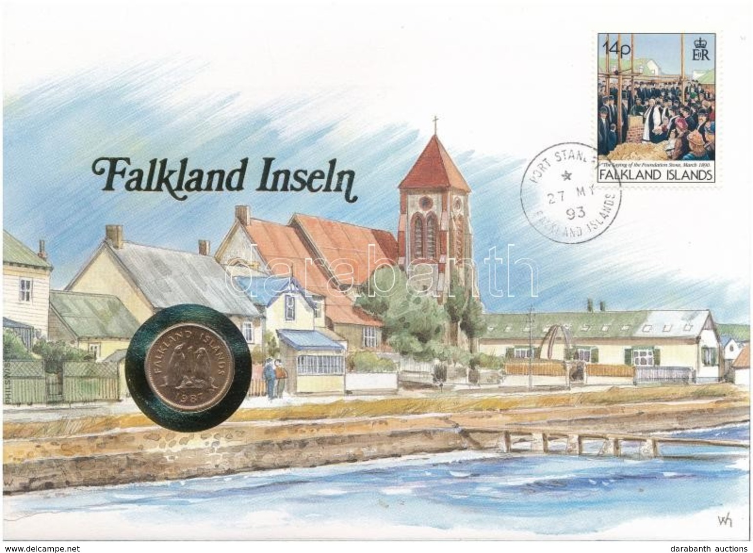 Falkland-szigetek 1987. 1p Felbélyegzett Borítékban, Bélyegzéssel, Német Nyelvű Leírással T:1 
Falkland Islands 1987. 1  - Non Classés