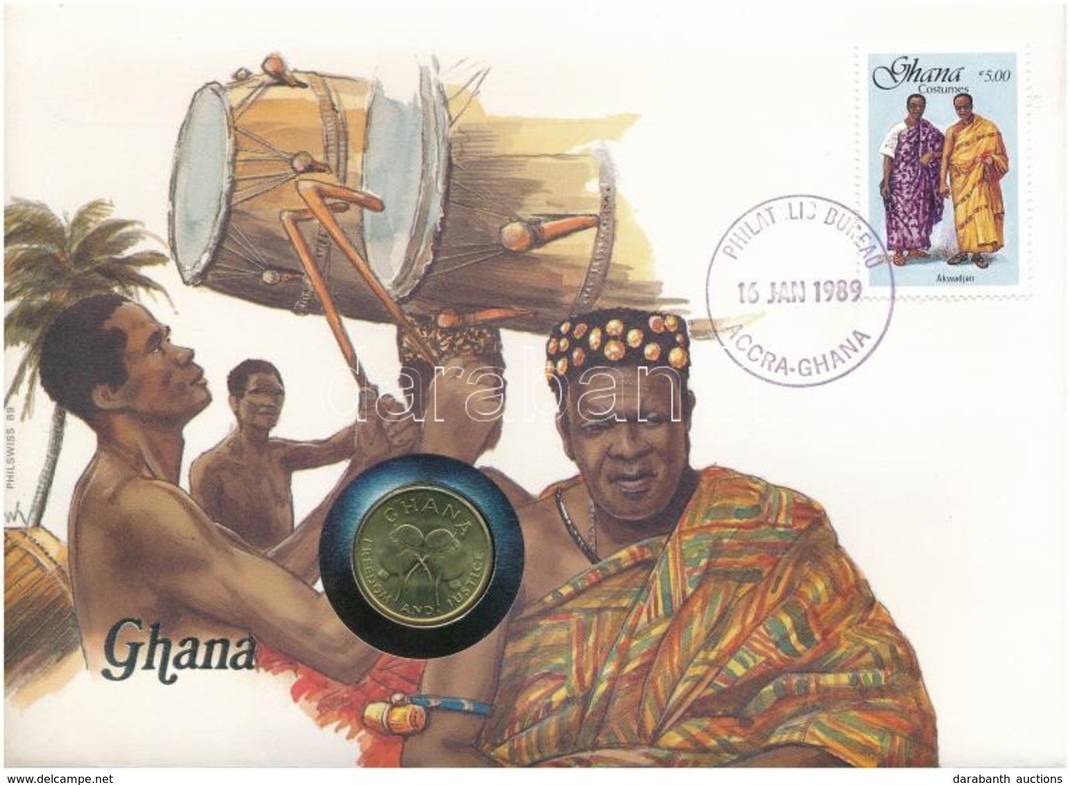 Ghána 1984. 5C Felbélyegzett Borítékban, Bélyegzéssel, Német Nyelvű Leírással T:1 
Ghana 1984. 5 Cedis In Envelope With  - Non Classés