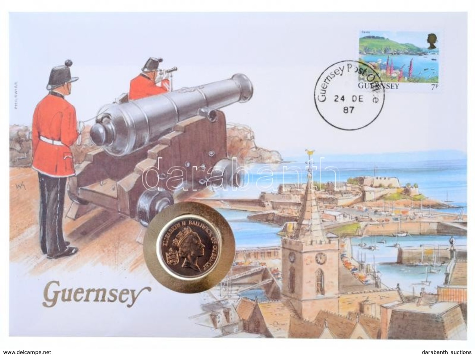 Guernsey 1987. 5p Felbélyegzett Borítékban, Bélyegzéssel, Német Nyelvű Leírással T:1 
Guernsey 1987. 5 Pence In Envelope - Non Classés