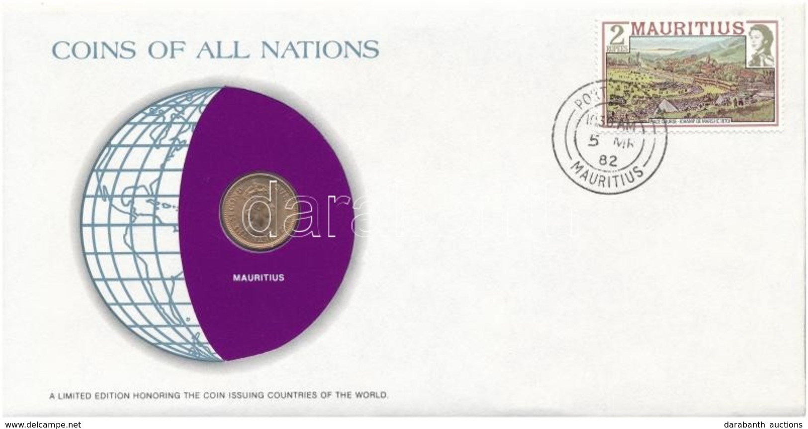 Mauritius 1975. 1c 'Nemzetek Pénzérméi' Felbélyegzett Borítékban, Bélyegzéssel T:1- 
Mauritius 1975. 1 Cent 'Coins Of Al - Zonder Classificatie
