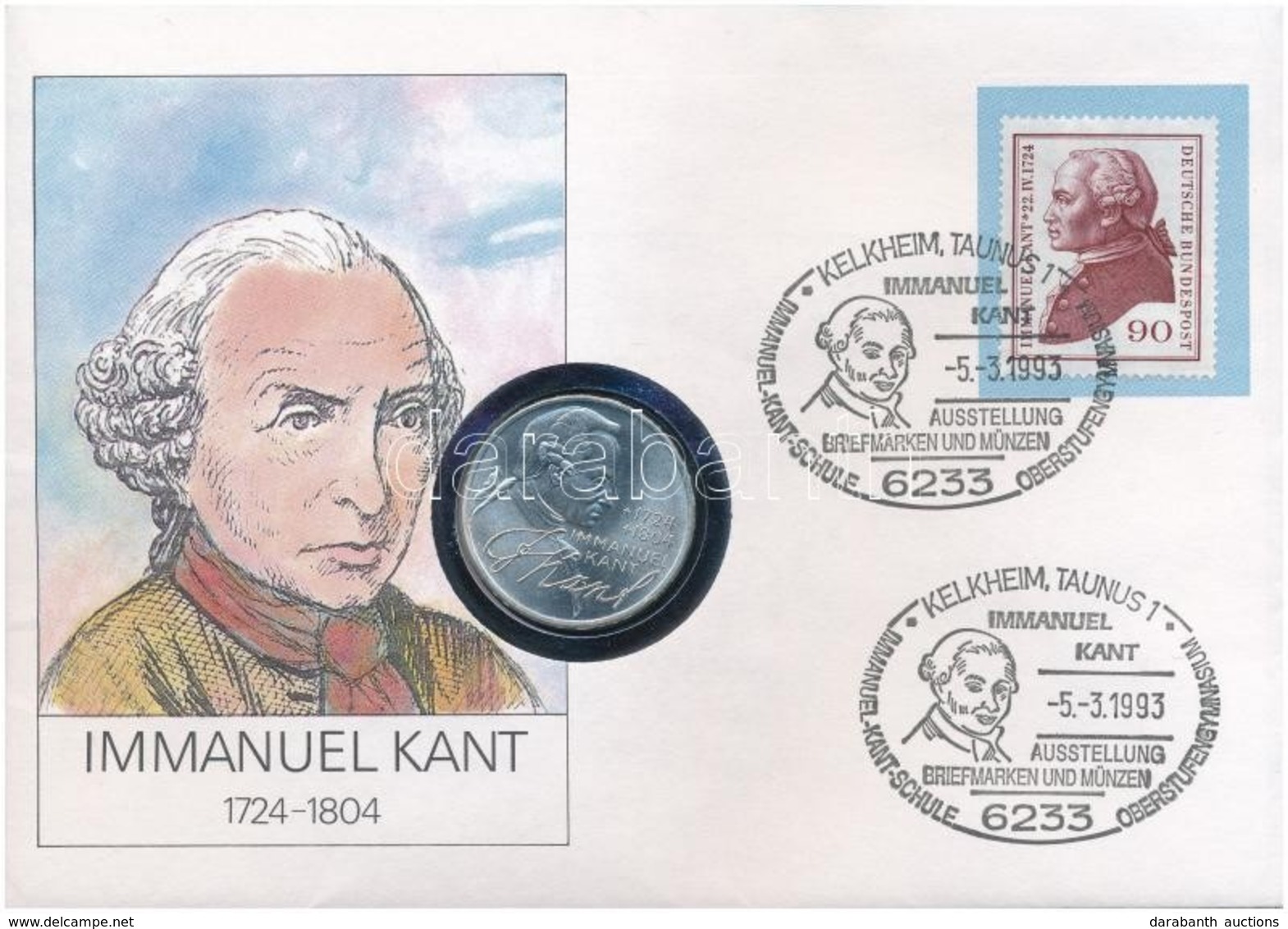 NSZK 1974D 5M Ag 'Immanuel Kant' Felbélyegzett Borítékban, Bélyegzéssel T:1- Patina
FRG 1974D Mark Ag 'Immanuel Kant' In - Unclassified