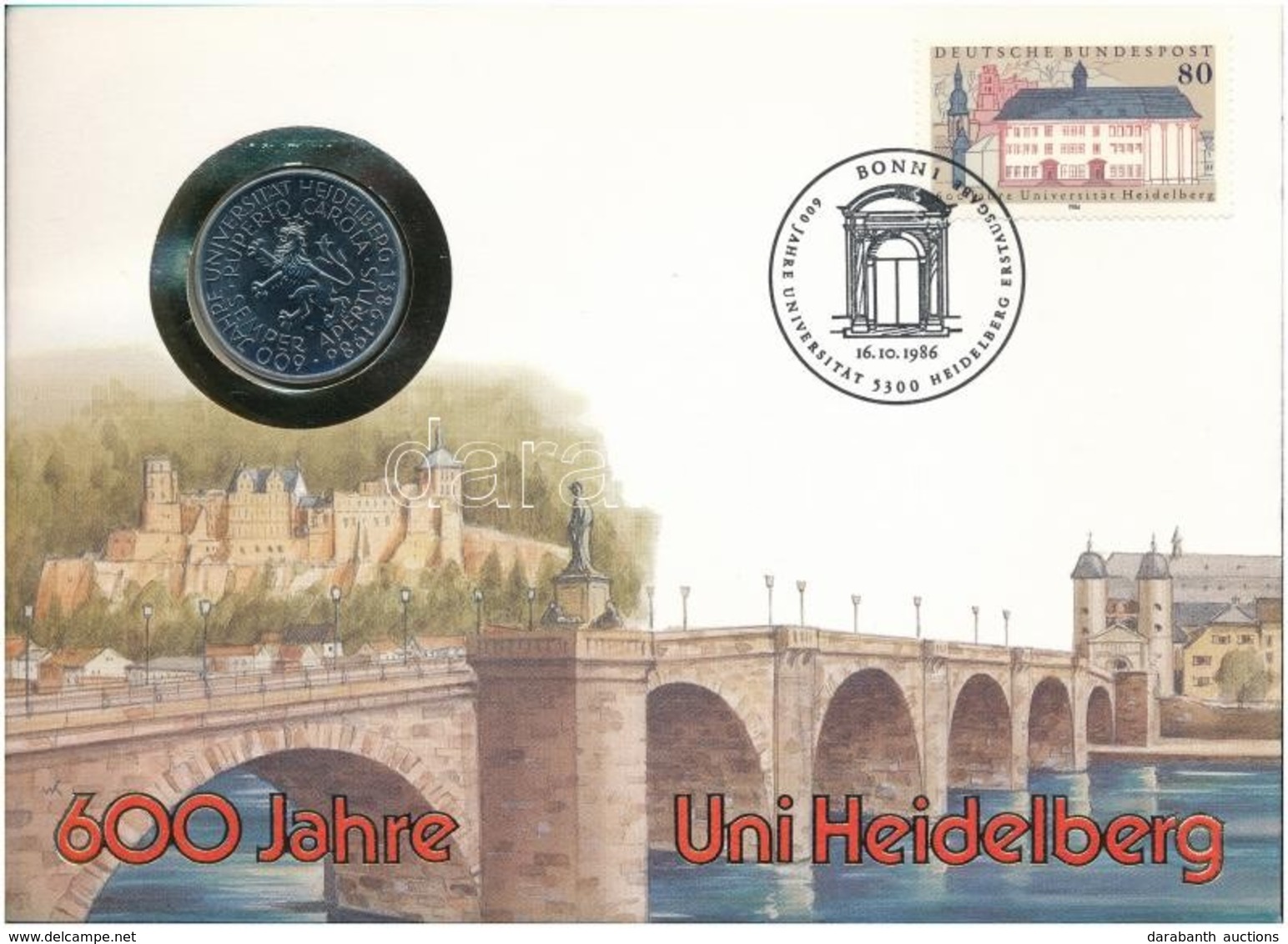 NSZK 1986D 5M Cu-Ni '600 éves A Heidelberg Egyetem' Felbélyegzett Borítékban, Bélyegzéssel T:1- Patina
FRG 1986D 5 Mark  - Ohne Zuordnung