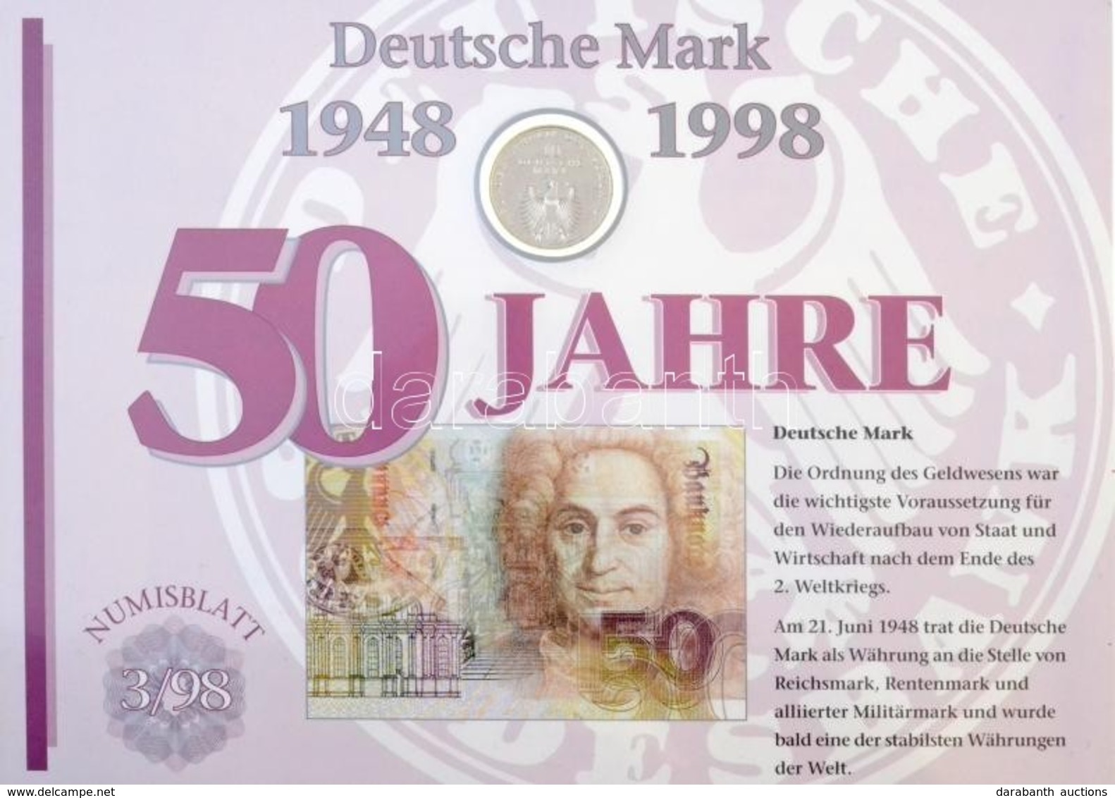 Németország 1998F 10M Ag '50 éves A Német Márka' Nagyalakú Emlékíven Elsőnapi Bélyegzős Bélyeg-kisívvel T:1
Germany 1998 - Non Classés