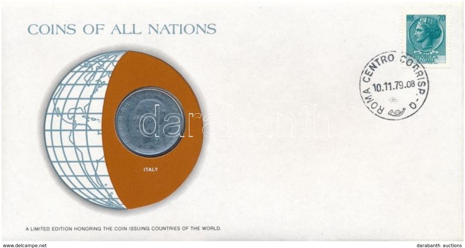 Olaszország 1979. 100L  'Nemzetek Pénzérméi' Felbélyegzett Borítékban, Bélyegzéssel T:1- 
Italy 1979. 100 Lire 'Coins Of - Unclassified