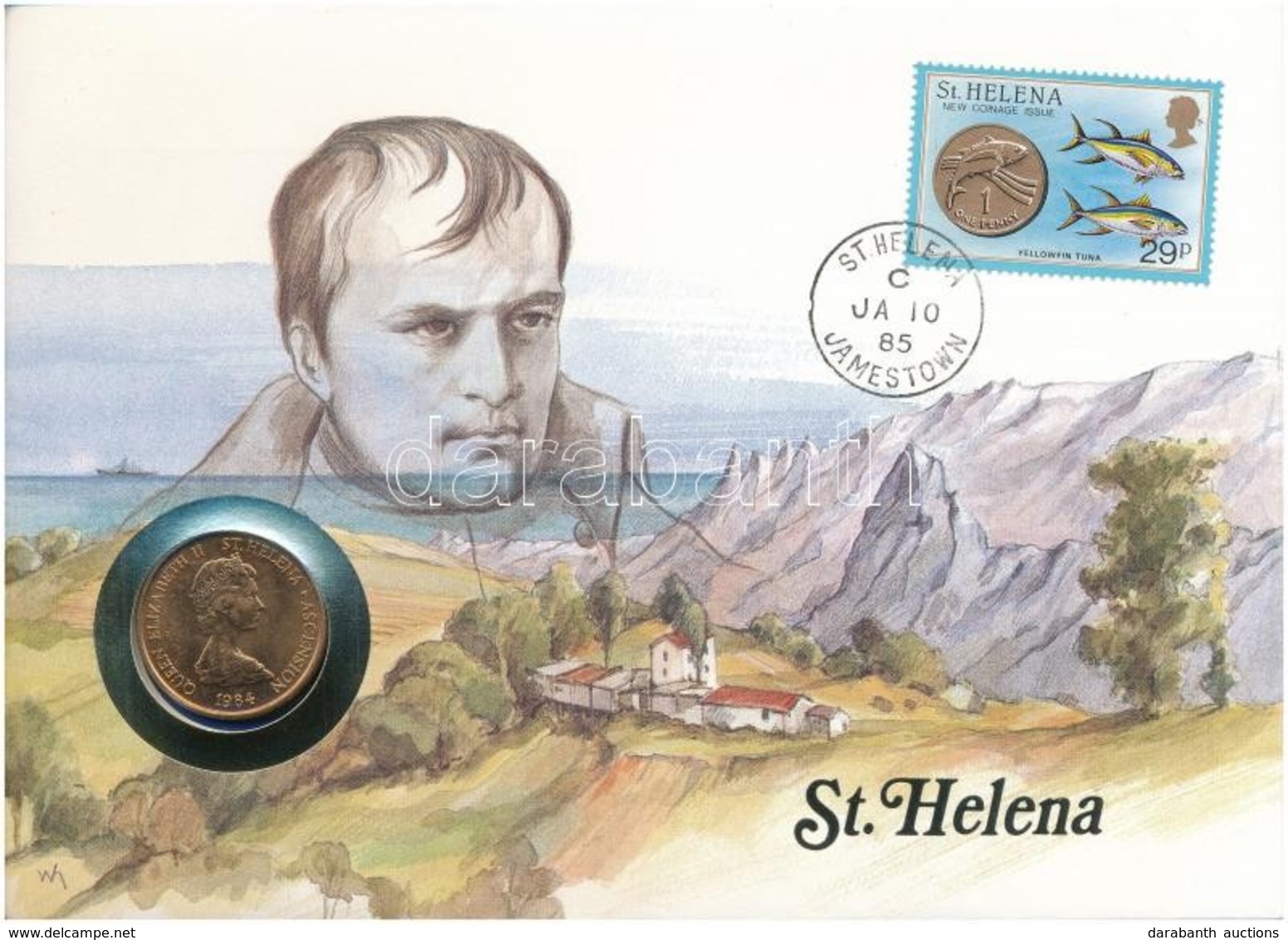 Szent Ilona 1984. 2p Felbélyegzett Borítékban, Bélyegzéssel, Német Nyelvű Leírással T:1 
Saint Helena 1984. 2 Pence In E - Non Classés