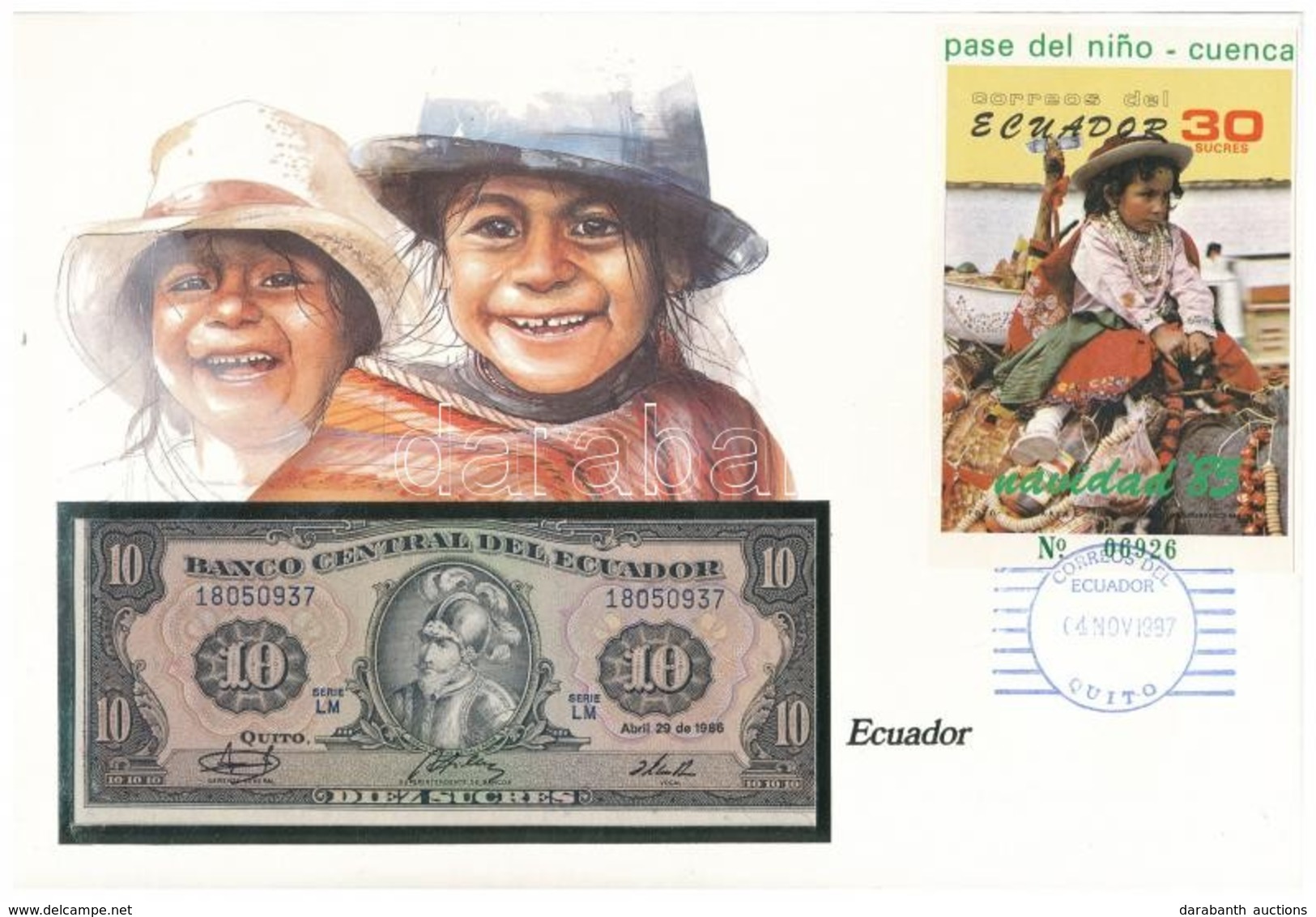 Ecuador 1986. 10S Borítékban, Alkalmi Bélyeggel és Bélyegzéssel T:I
Ecuador 1986. 10 Sucres In Envelope With Stamps And  - Non Classés