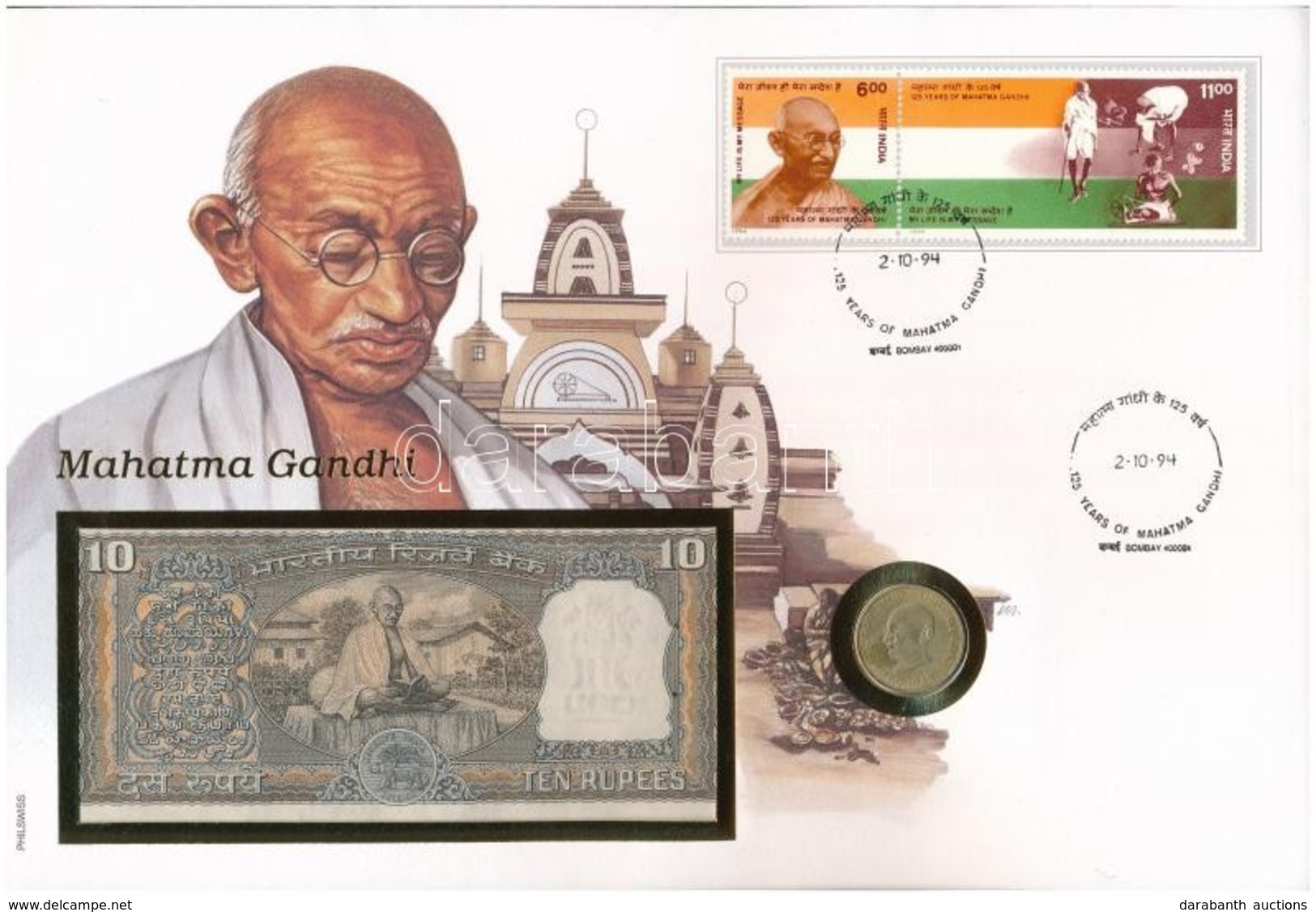 India 'Mahatma Gandhi' érmés és Bankjegyes, Pecsételt Boríték Benne 1969. 20p Al-Br érmével és 1969-1970. 10R Bankjeggye - Zonder Classificatie