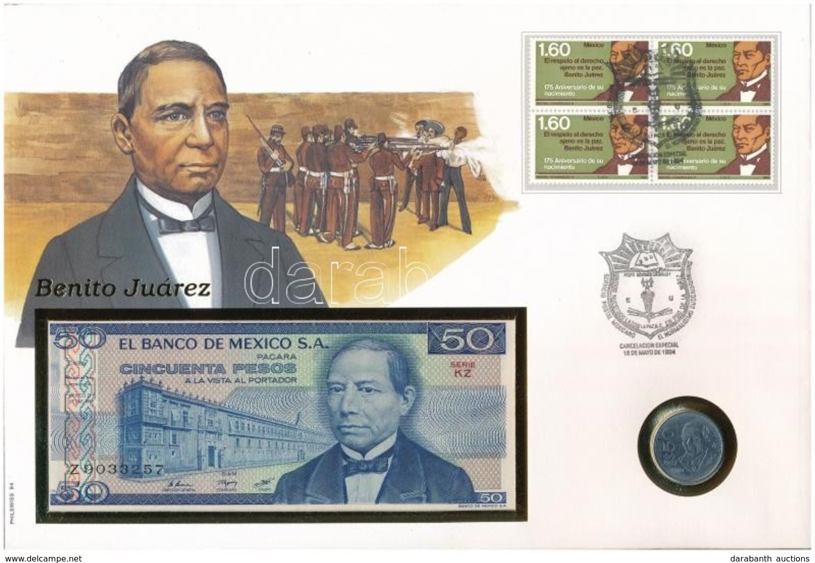 Mexikó 'Benito Juárez' érmés és Bankjegyes, Pecsételt Boríték Benne 1992. 50c Cu-Ni érmével és 1981. 50P Bankjeggyel A P - Zonder Classificatie