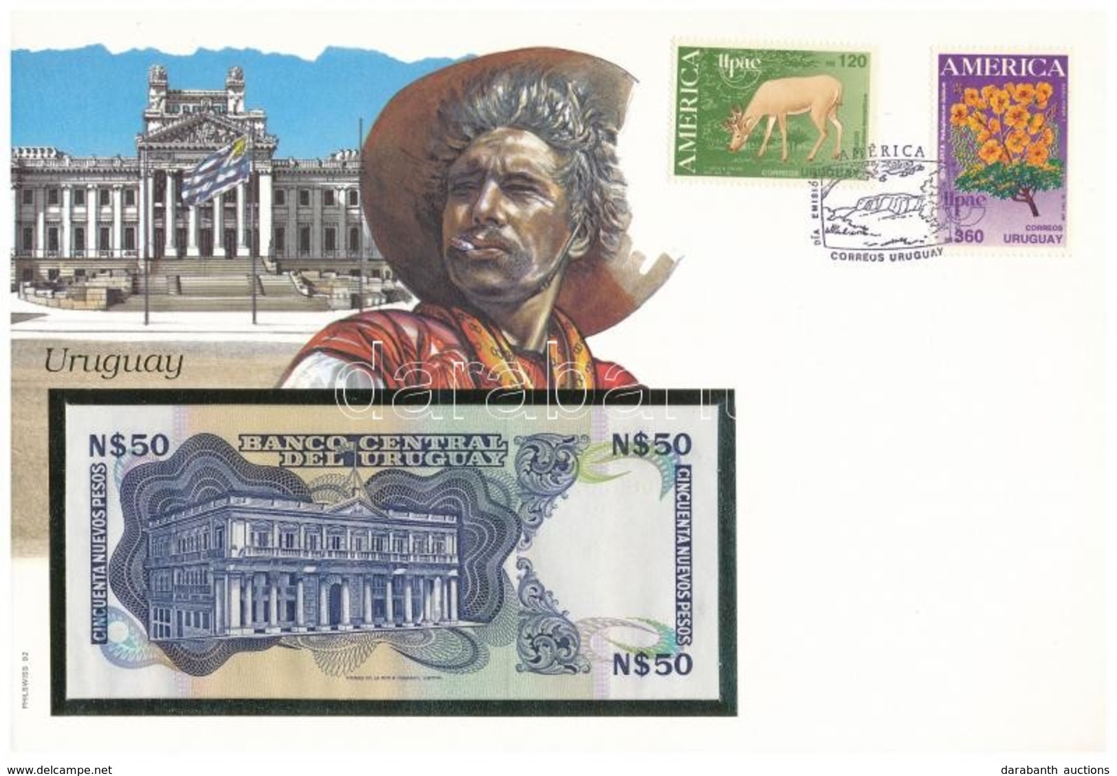 Uruguay 1989. 50P Borítékban, Alkalmi Bélyeggel és Bélyegzéssel T:I 
Uruguay 1989. 50 Pesos In Envelope With Stamps And  - Zonder Classificatie