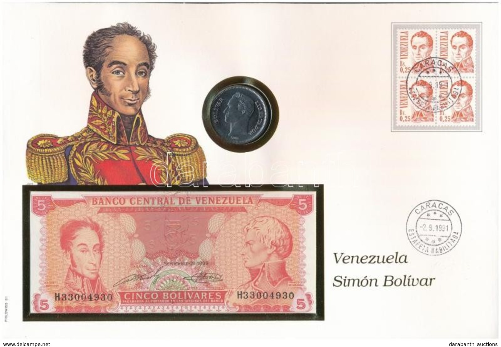 Venezuela 'Simon Bolivar' érmés és Bankjegyes, Pecsételt Boríték Benne 1989. 5B Ni-acél érmével és 1989. 5B Bankjeggyel  - Zonder Classificatie