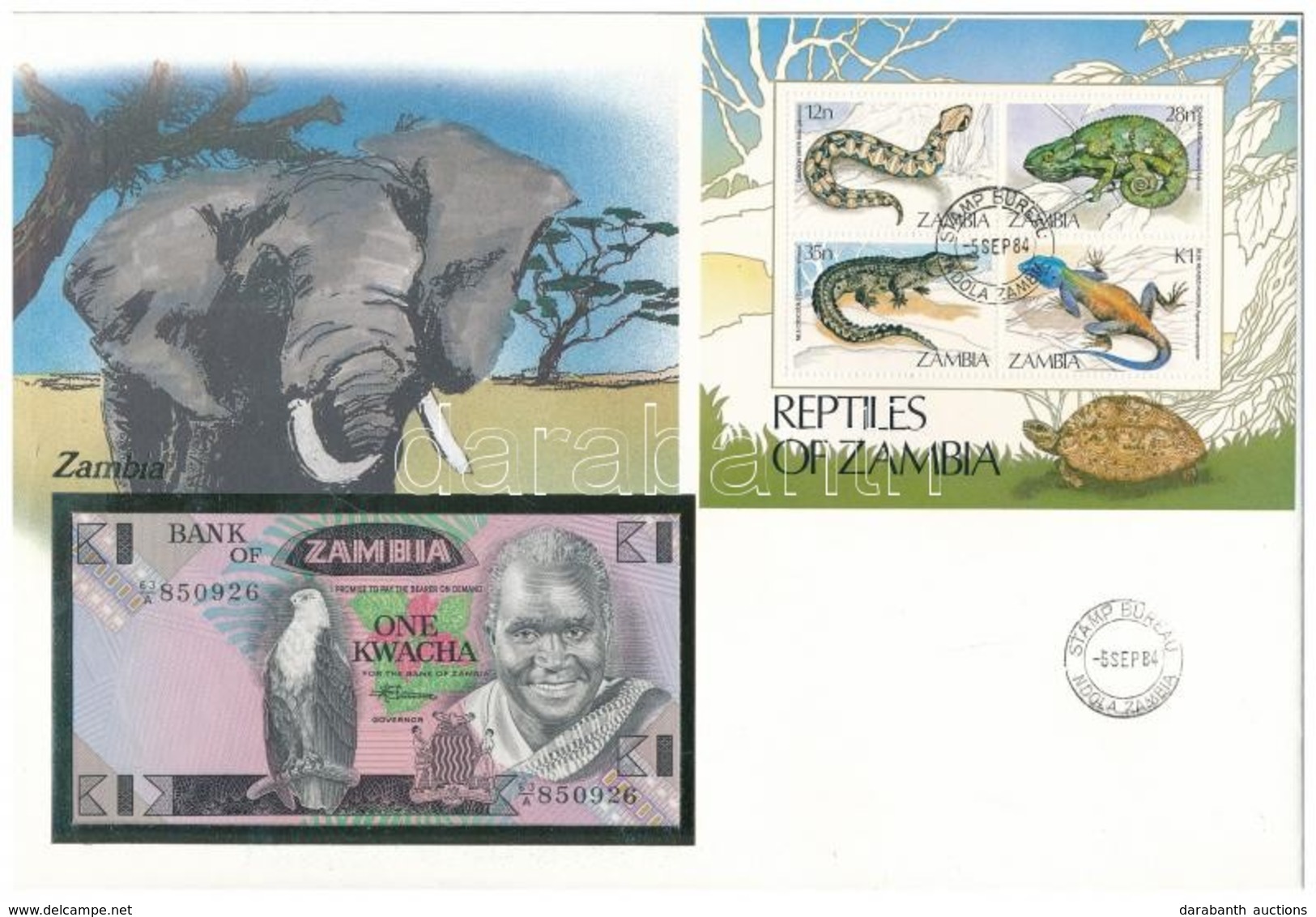 Zambia 1980-1988. 1K Borítékban, Alkalmi Bélyeggel és Bélyegzéssel T:I 
Zambia 1980-1988. 1 Kwacha In Envelope With Stam - Non Classés