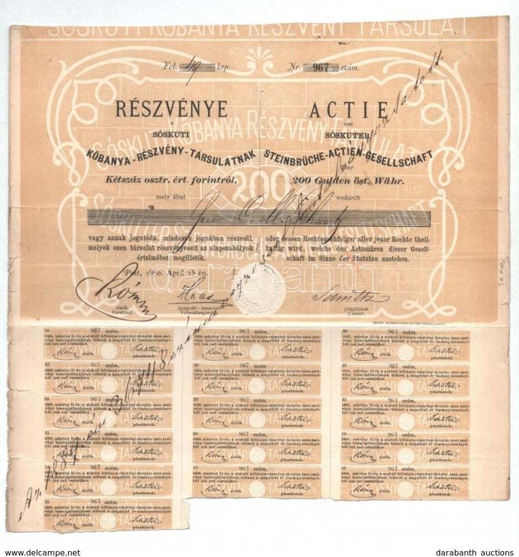 Budapest / Pest 1870. 'Sóskúti Kőbánya-Részvény-Társulat' Részévnye 200Ft-ról, Szárazpecséttel, Szelvényekkel T:II Tűnyo - Non Classés