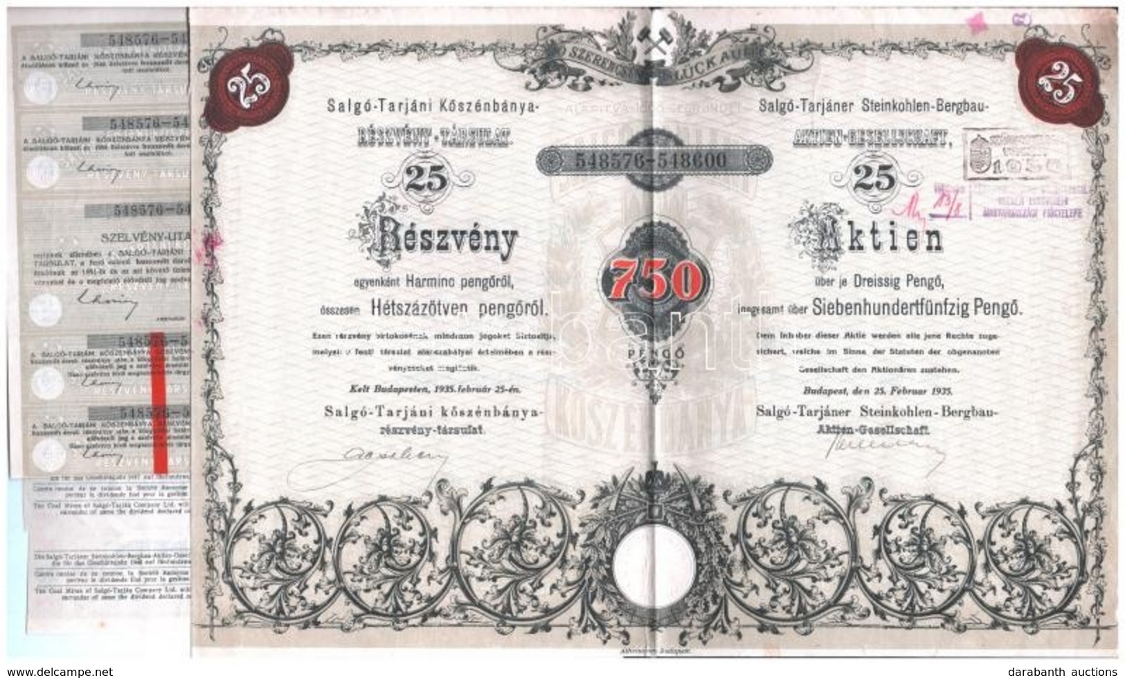 Budapest 1935. 'Salgó-Tarjáni Kőszénbánya Részvény-Társulat' Huszonöt Részvénye Egyben összesen 750P-ről, Magyar-német K - Unclassified