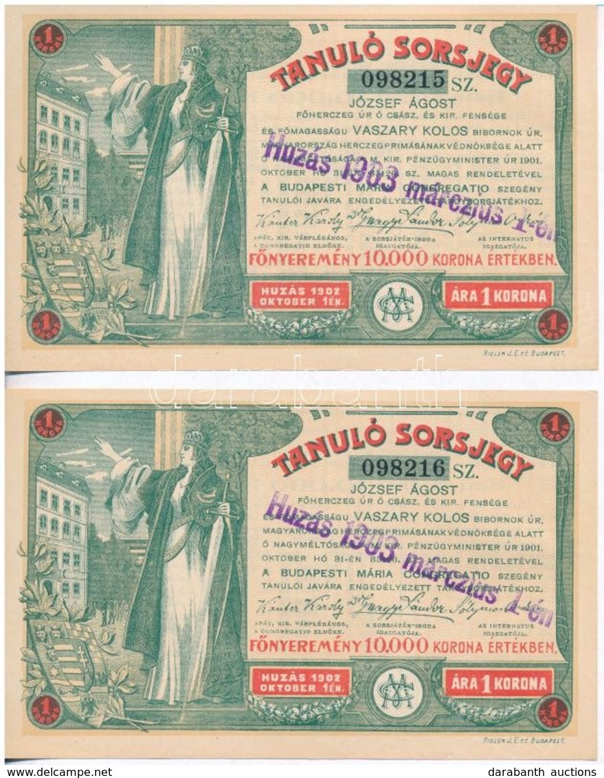 Budapest 1903. 'Tanuló Sorsjegy' 1K értékben, Felülbélyegzéssel (2x) Sorszámkövetők T:I- - Non Classés