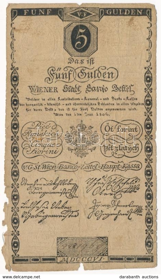 1806. 5G 'Bécsi Városi Bankócédula' Vízjeles Papíron T:IV Habsburg Monarchy 1806. 5 Gulden 'Wiener-Stadt Banco-Zettel' W - Non Classés