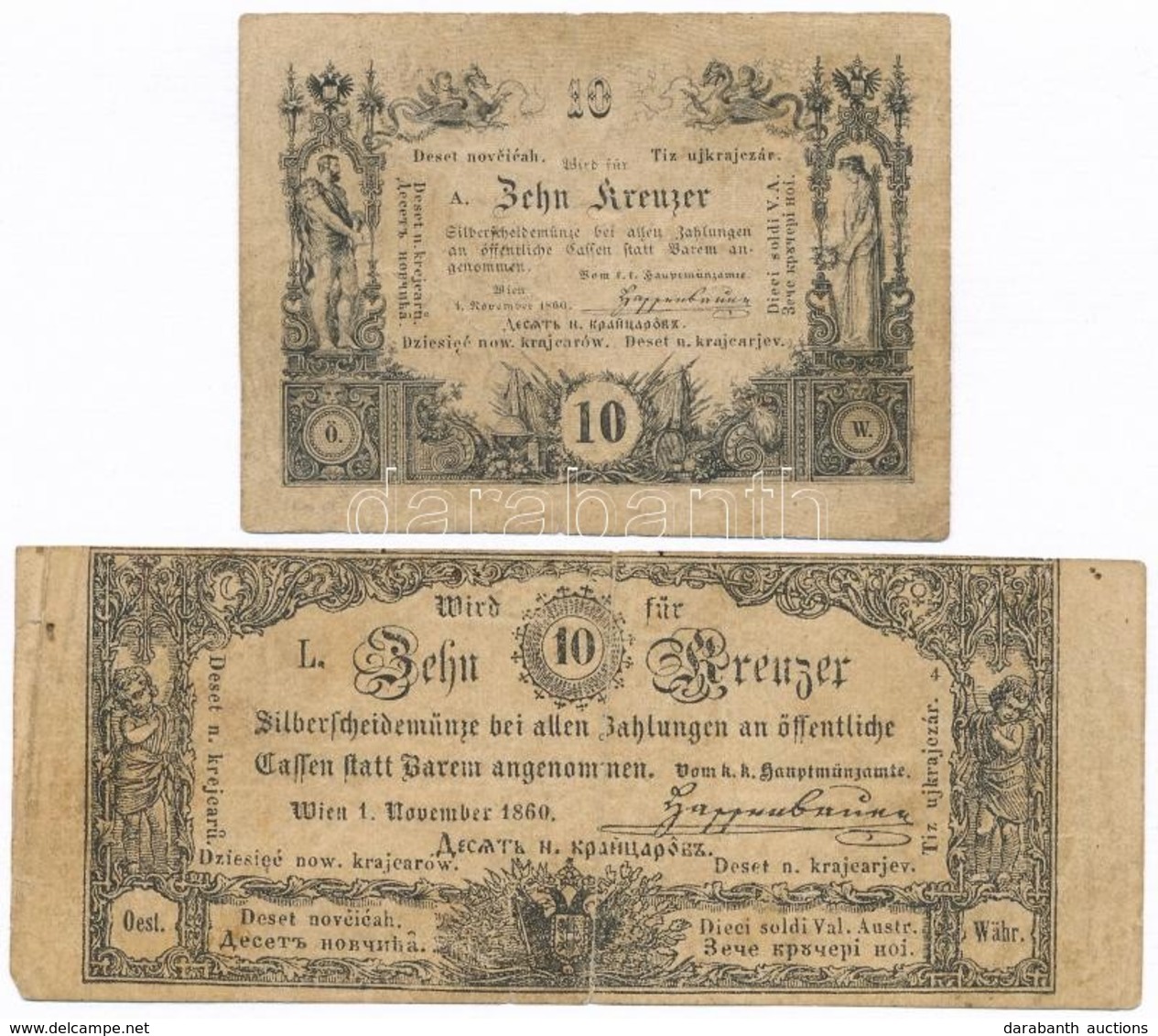 1860. 10kr (2xklf) T:III,III- 
Austrian Empire 1860. 10 Kreuzer (2xdiff) C:F,VG 
Adamo G92,G93 - Non Classés