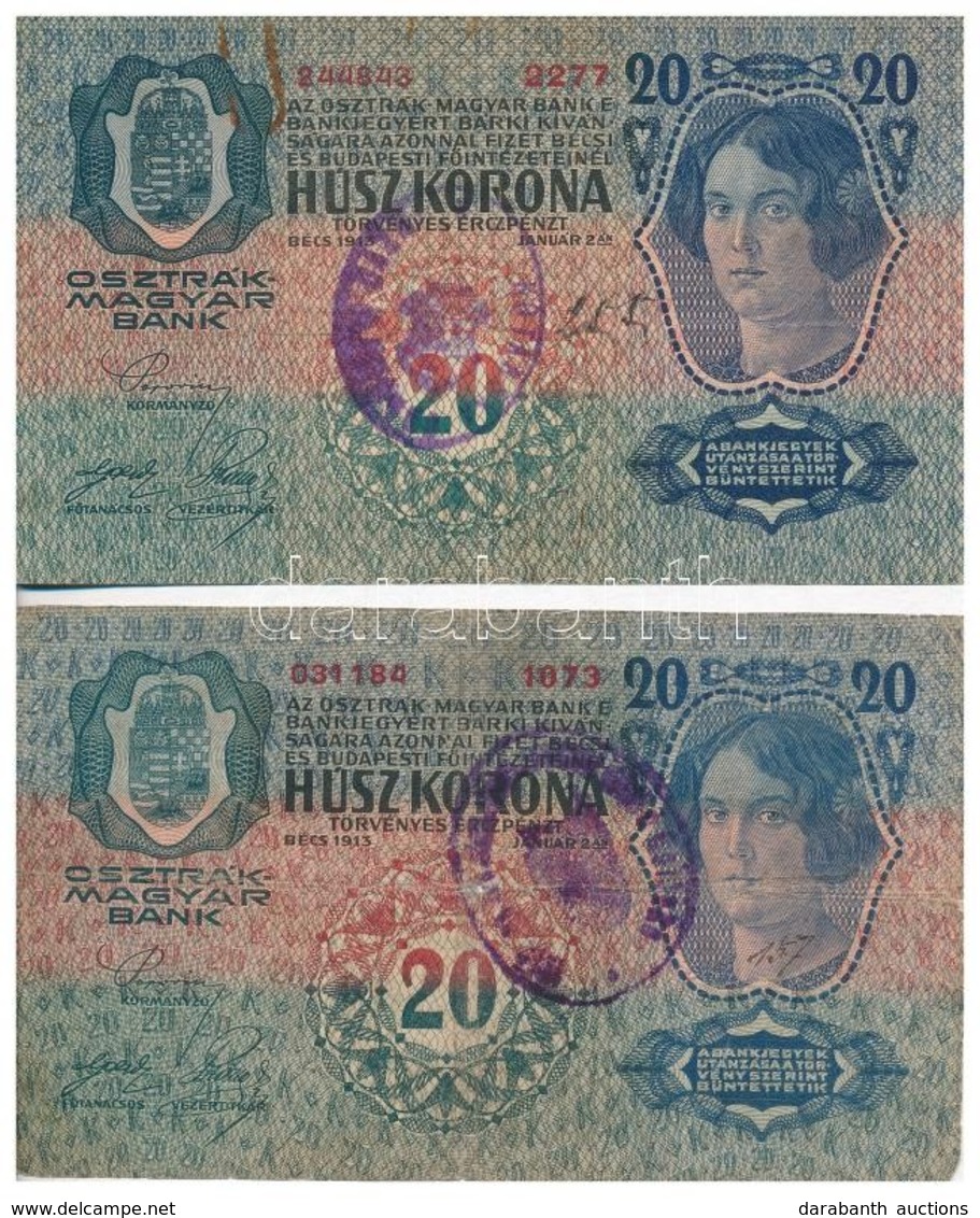 1913. 20K (4xklf) Nehezen Olvasható Felülbélyegzésekkel T:III,III- Kis Szakadás, Fo. / Hungary 1913. 20 Korona (4xdiff)  - Ohne Zuordnung