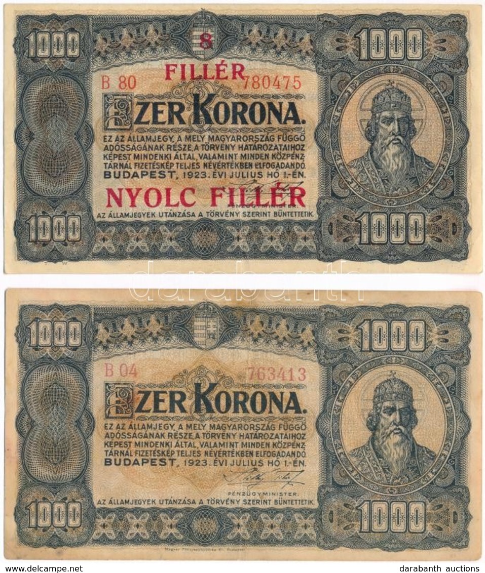 1923. 1000K 'Magyar Pénzjegynyomda R.t. Budapest' Nyomdahely Jelöléssel + 1000K '8 FILLÉR - NYOLC FILLÉR' Felülnyomással - Zonder Classificatie