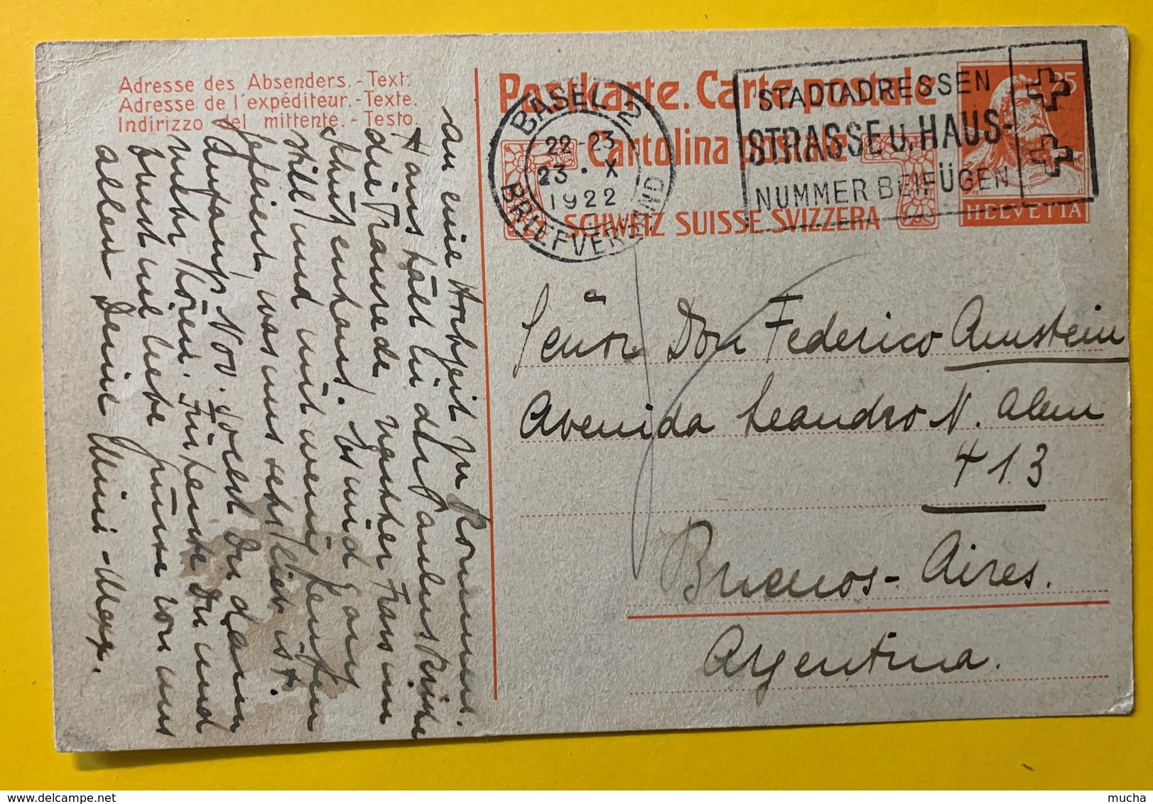9650- Entier Postal Buste De Tell 25 Ct Orange Basel 2 23.10.1922 Pour Buenos-Aires - Entiers Postaux