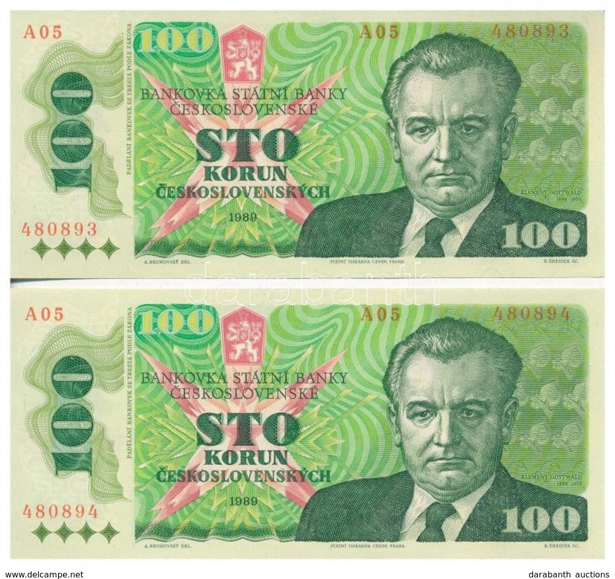 Csehszlovákia 1989. 100K (2x) Sorszámkövetők T:II Czechoslovakia 1989. 100 Korun (2x) Sequential Serials C:XF - Ohne Zuordnung