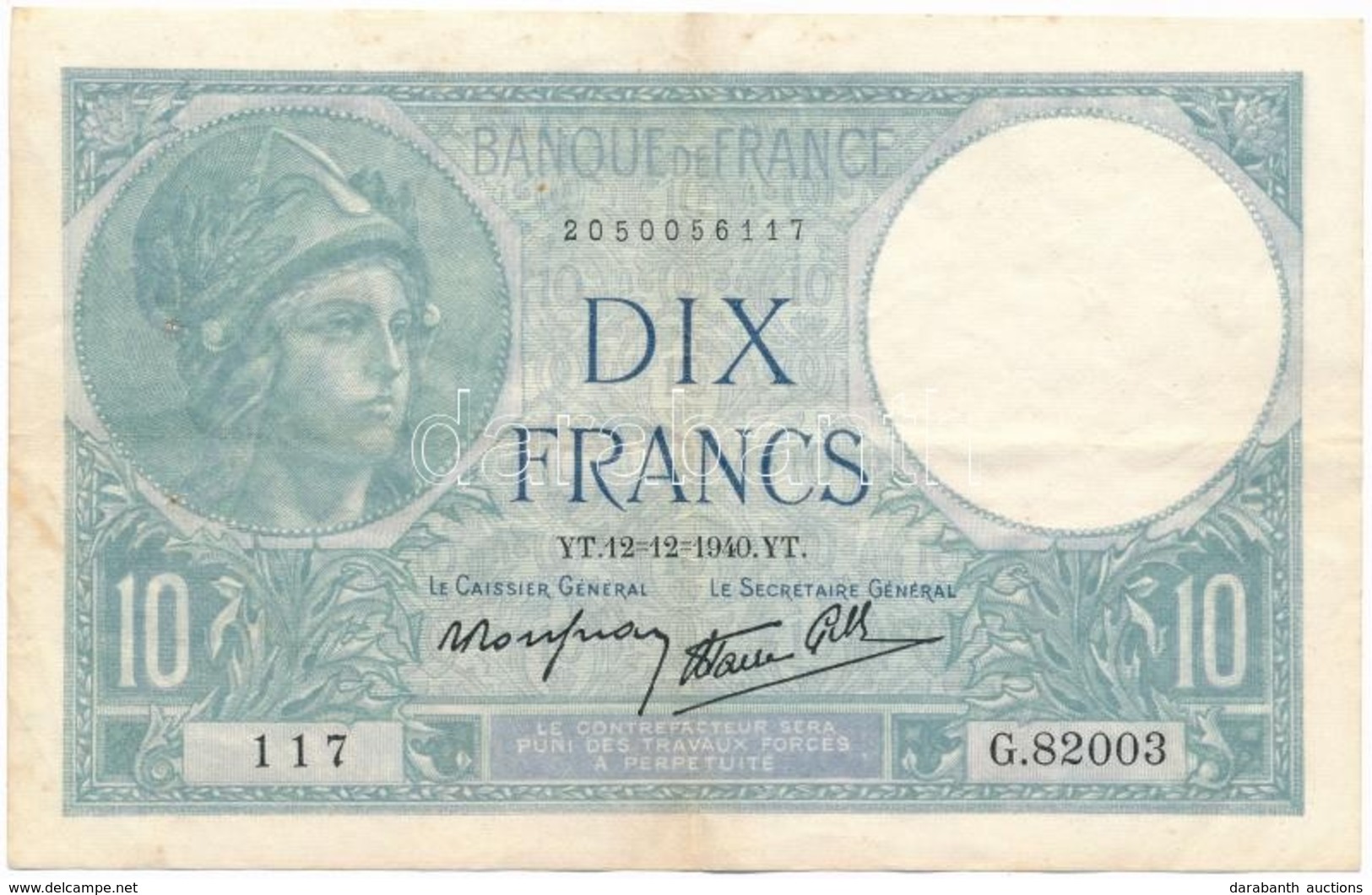 Franciaország 1940. 10Fr T:III
France 1940. 10 Francs C:F - Ohne Zuordnung