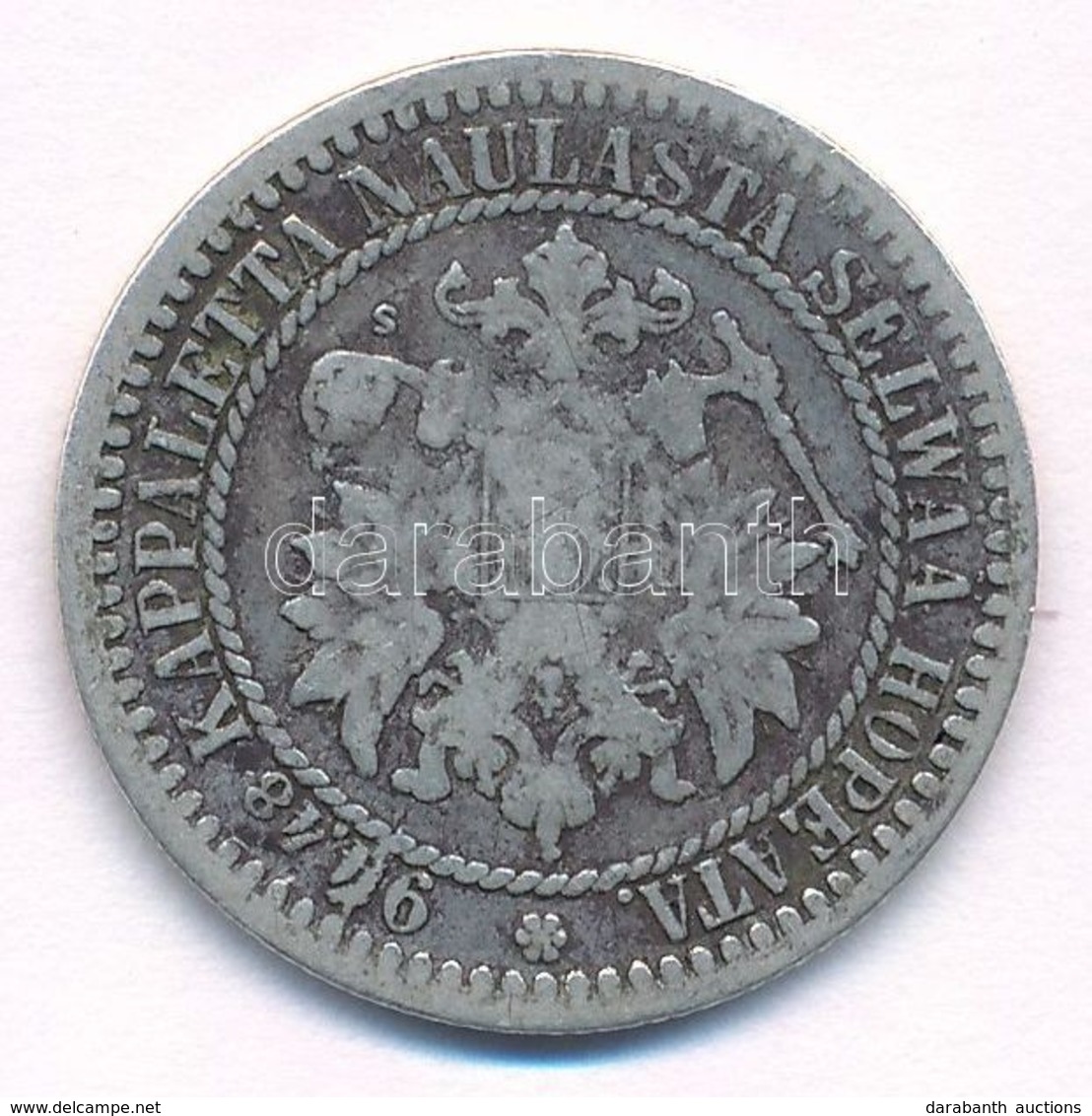 Finnország 1865S 1M Ag 'II. Sándor' T:3
Finland 1865S 1 Markka Ag 'Alexander II' C:F
Krause KM#3.1 - Non Classés