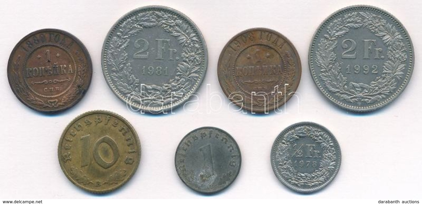 7db-os Vegyes Külföldi érme Tétel, Közte Orosz Birodalom 1880. 1k Cu, Svájc 1981. 2Fr T:2,2-
7pcs Of Various Coins, Incl - Ohne Zuordnung