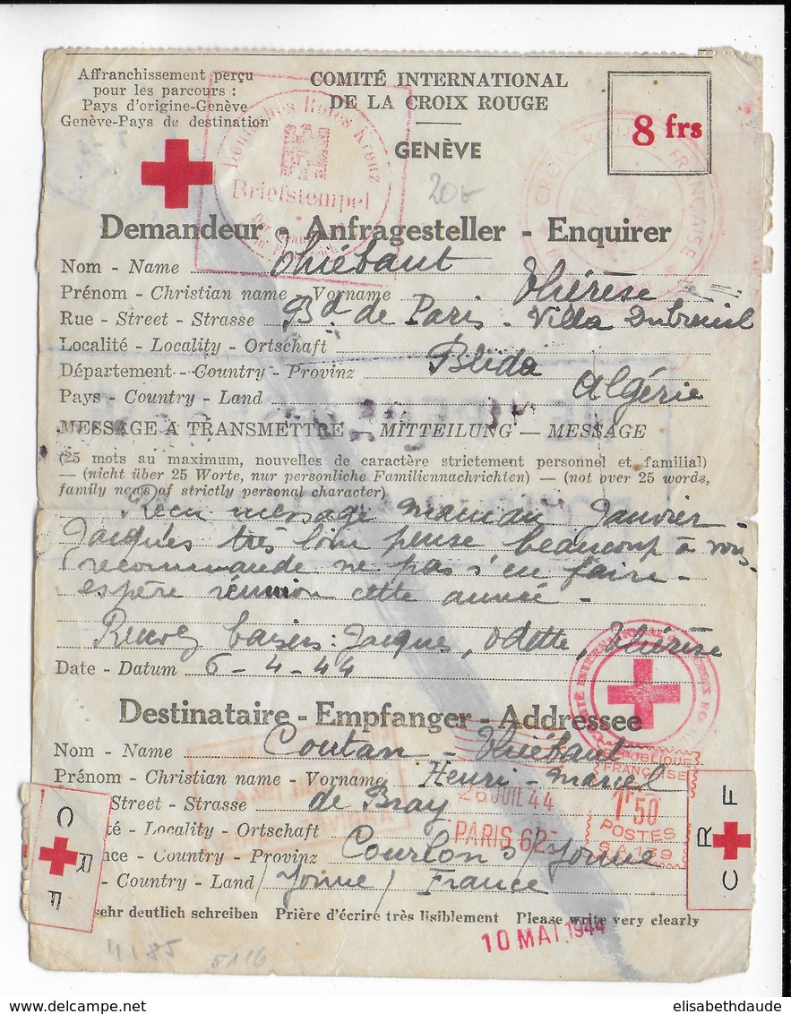1944 - CROIX-ROUGE - FORMULAIRE De CORRESPONDANCE Via GENEVE De BLIDA (ALGERIE) => COURLON SUR YONNE - EMA PARIS - Red Cross