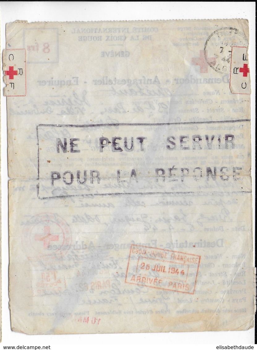 1944 - CROIX-ROUGE - FORMULAIRE De CORRESPONDANCE Via GENEVE De BLIDA (ALGERIE) => COURLON SUR YONNE - EMA PARIS - Red Cross