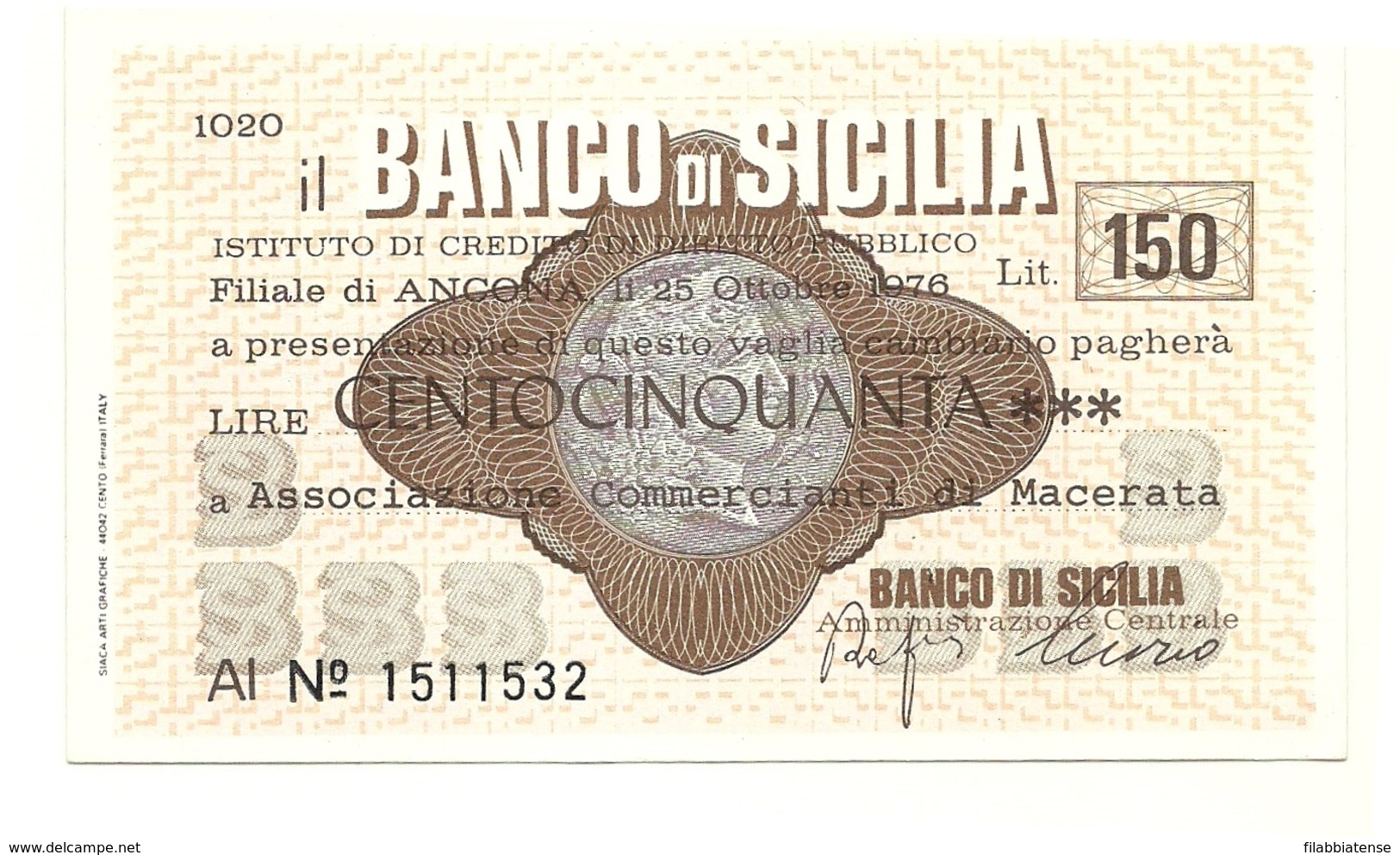 1976 - Italia - Banco Di Sicilia - Associazione Commercianti Di Macerata - [10] Scheck Und Mini-Scheck