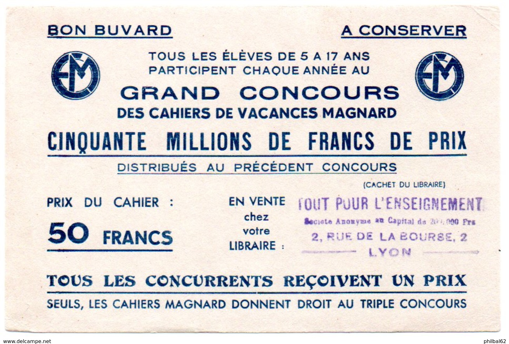 Buvard Concours Des Cahiers De Vacances Magnard. Tampon Librairie à Lyon. - Papelería