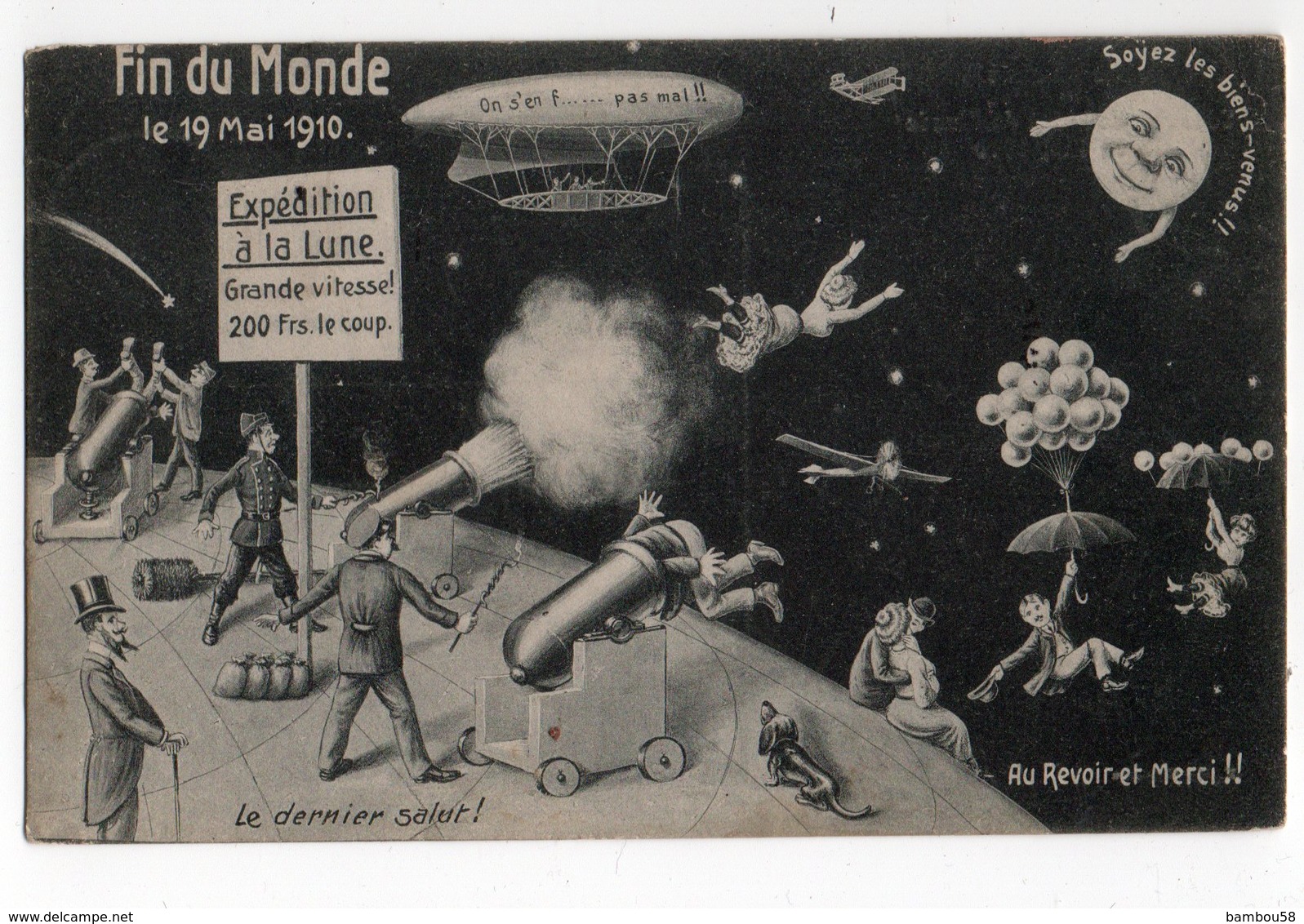 FIN DU MONDE *19 MAI 1910 *EXPEDITION LUNE * DIRIGEABLE * BALLONS * CANON * HUMOUR * CARTE OFFICIELLE * F.M. COLOGNE - Humour