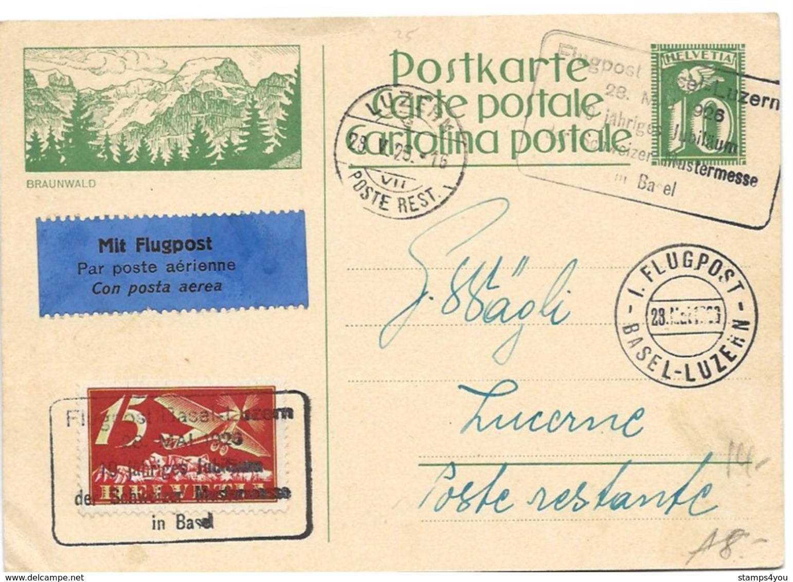 13 - 10 - Entier Postal Avec Illustration "Braunwald" Oblit Spéciale "1. Luftpost Basel-Luzern" 1926 - Interi Postali