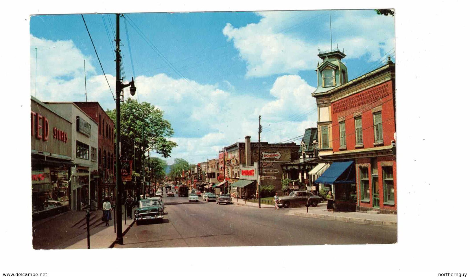 GRANBY, Quebec Canada, Main Street & Stores, 1950's Cars, Old Chrome Postcard - Granby