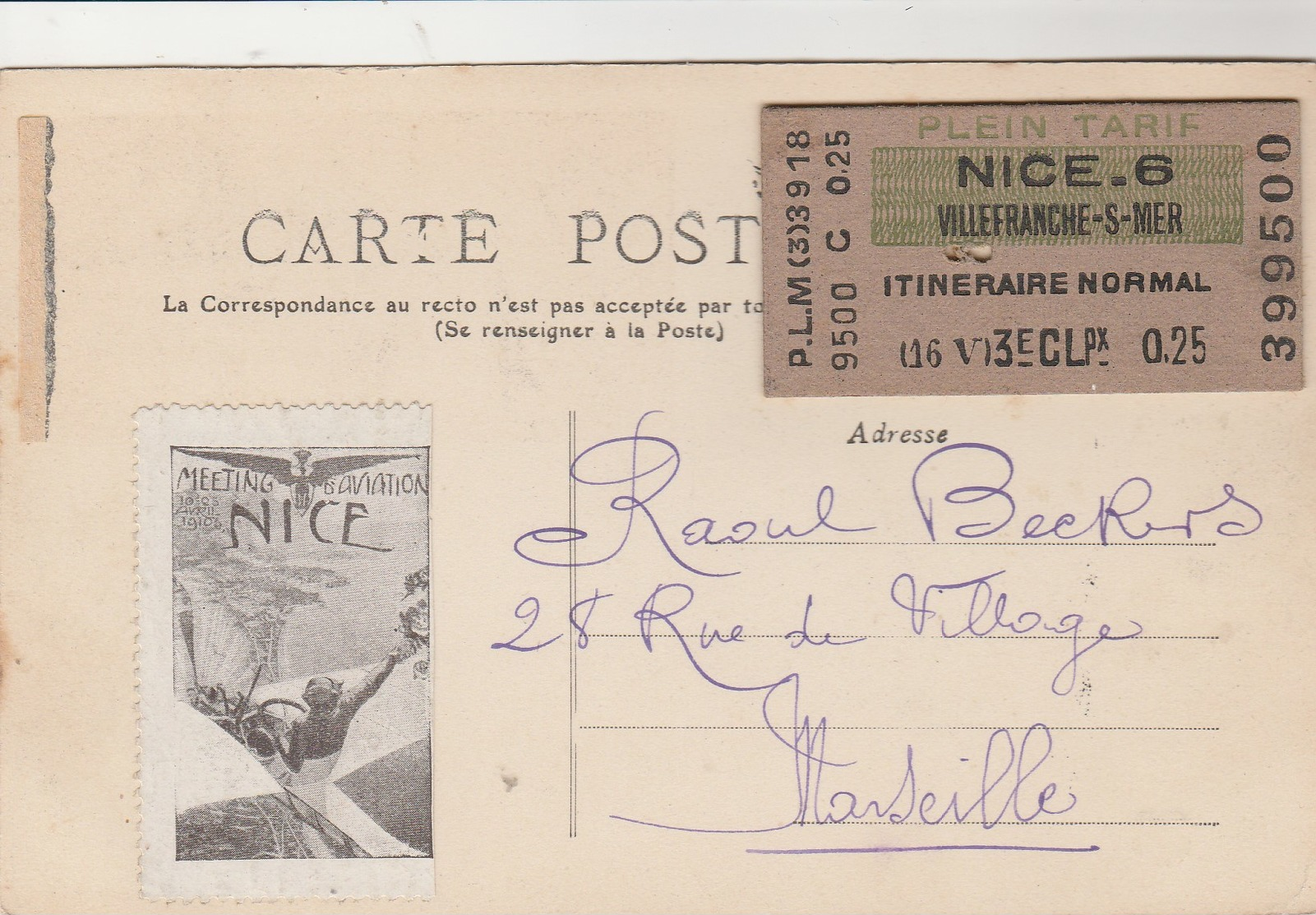 Nice Gare   + Billet De Train Collé Verso Nice 6 Vers  Villefranche  ,3e Classe ( 1906 ? ) - Transport Ferroviaire - Gare