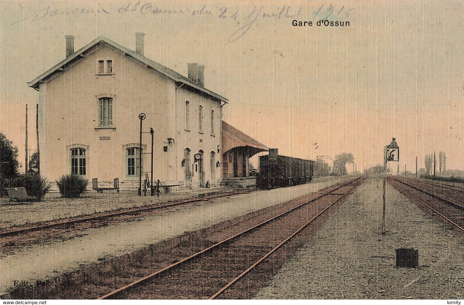 65 Ossun La Gare Avec Train Cpa Carte Animée Colorisée Toilée Ecrite En 1916 - Ossun