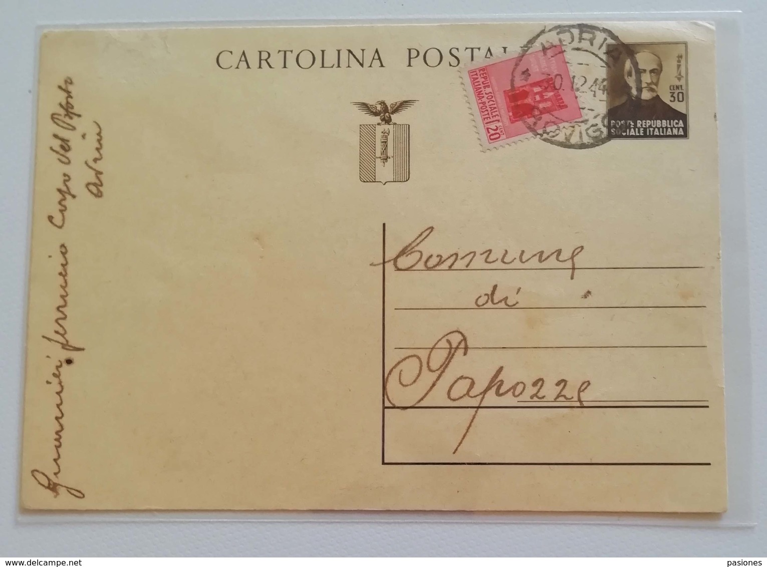 Cartolina Postale Adria-Papozze, 30/12/1944 (uso Nel Distretto) - Stamped Stationery
