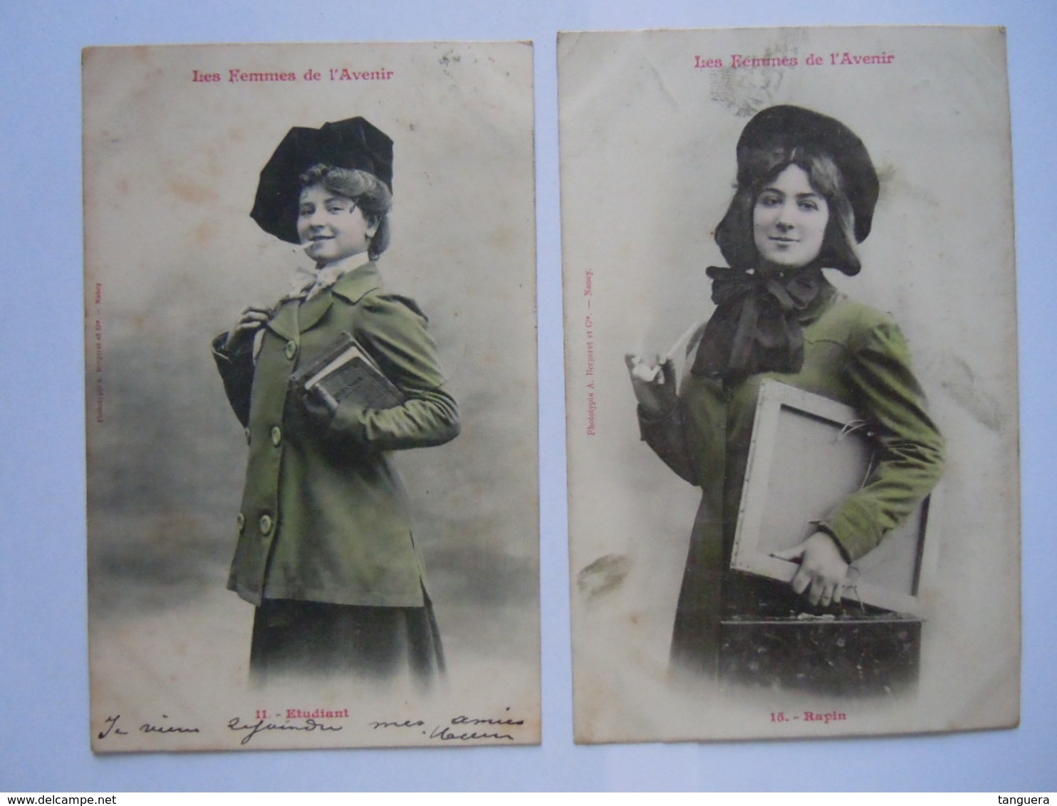 2 Cartes Les Femmes De L'Avenir 11 Etudiant 15 Rapin Précurseurs Circulée 1903 Un Peu Sale - Frauen