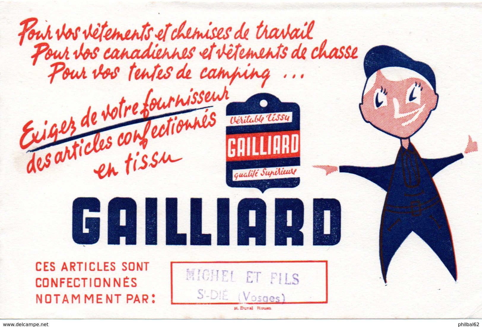 Buvard Gailliard,  Tissus Pour Vêtements De Travail, Canadiennes, Chasse, Tentes De Camping. - Kleidung & Textil