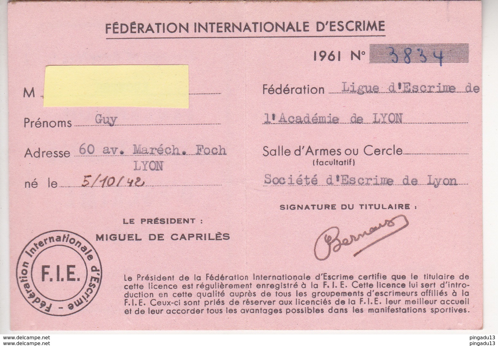 Au Plus Rapide France Licence Amateur Escrime Fédération Internationale Année 1961 - Escrime